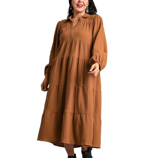 Camel Long Sleeve Maxi Dress