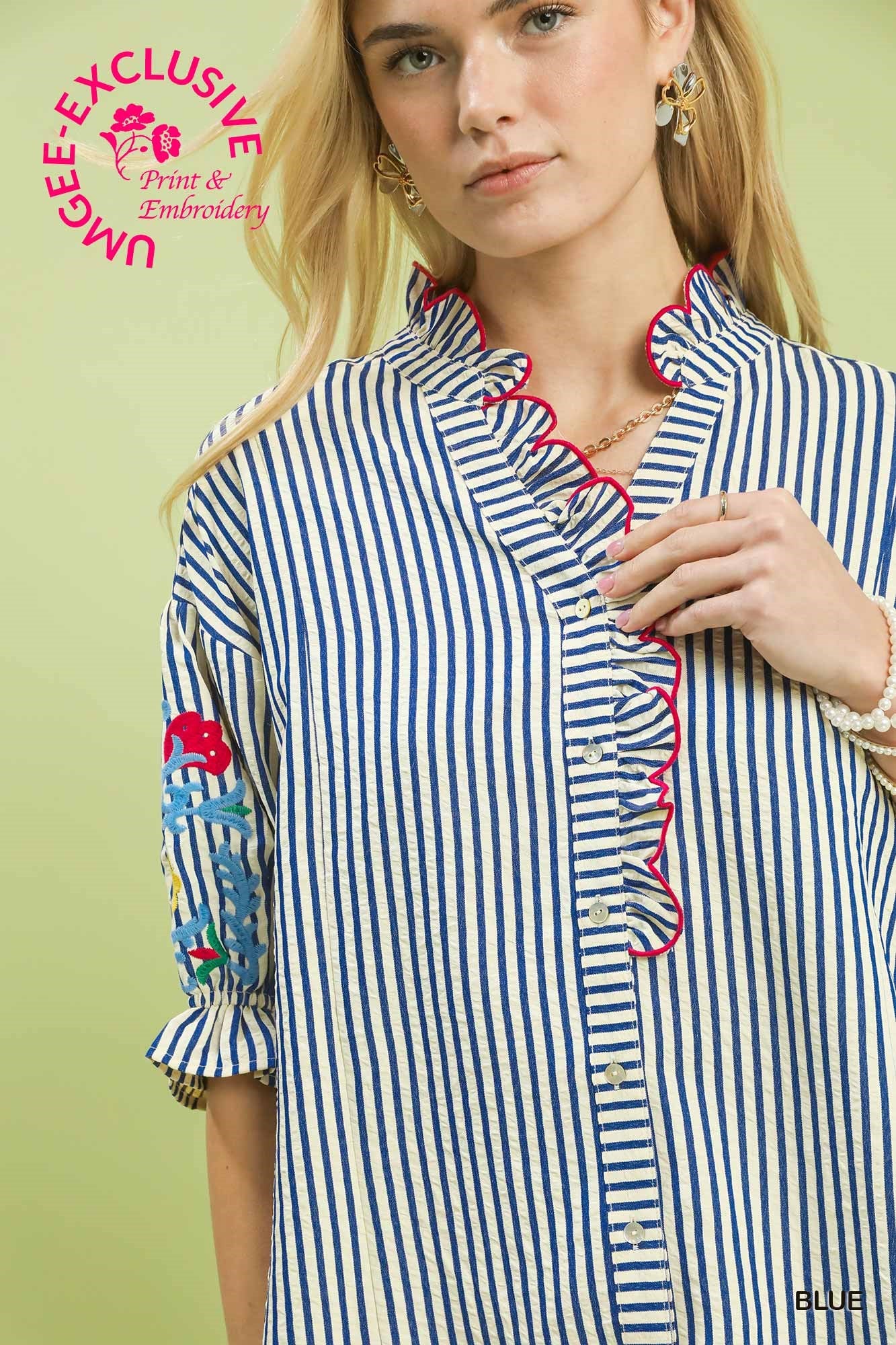 Frill Neck Button Down Strip Shirt