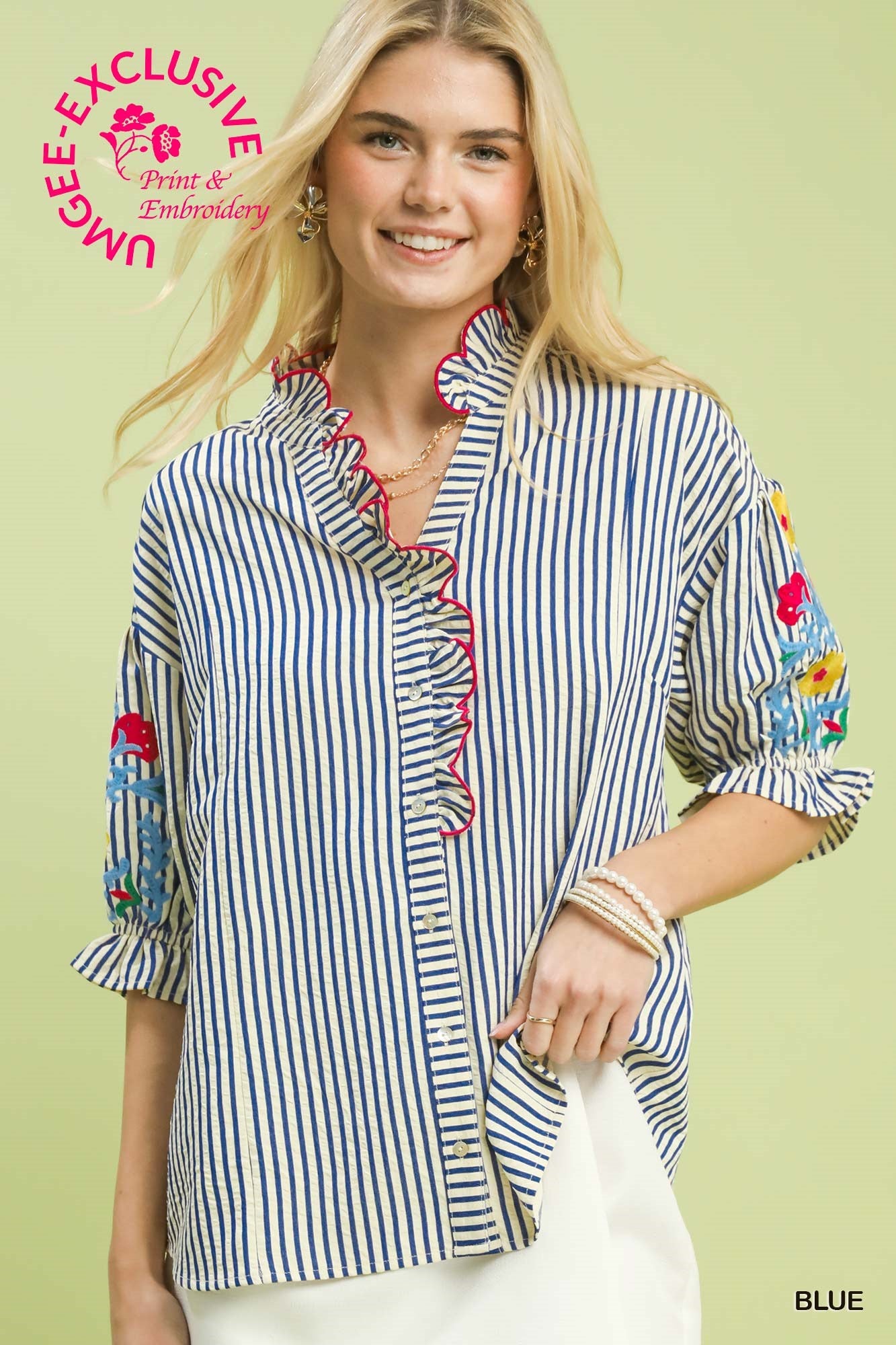Frill Neck Button Down Strip Shirt