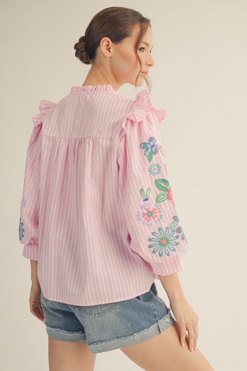 Embroidered Puff Sleeve Stripe Top Pink
