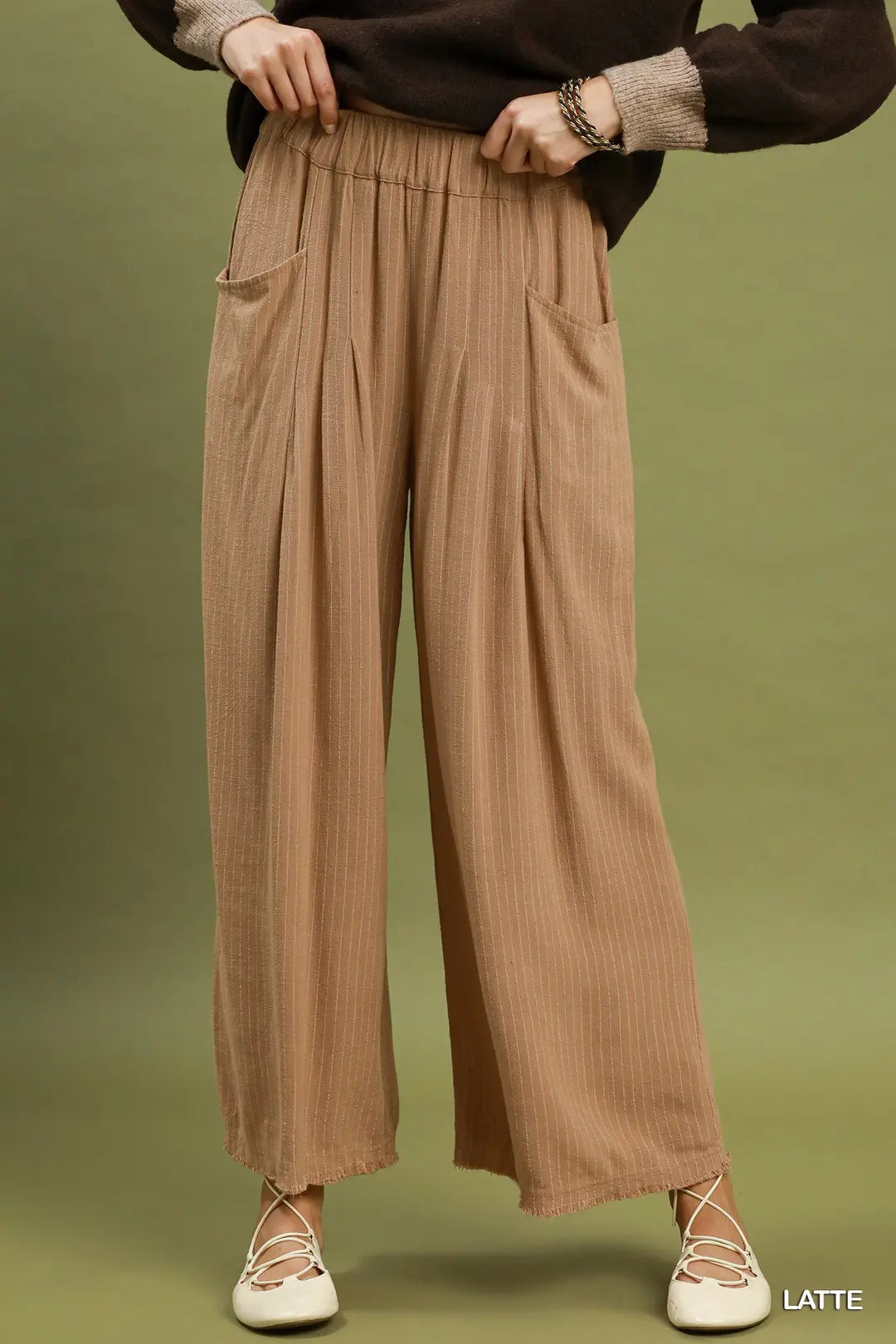 Linen Pinstripe Wide Leg Pants in Latte