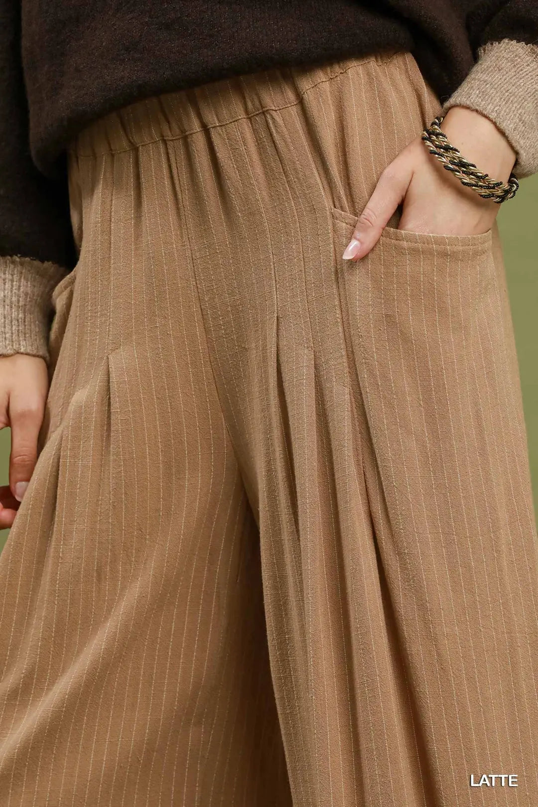 Linen Pinstripe Wide Leg Pants in Latte