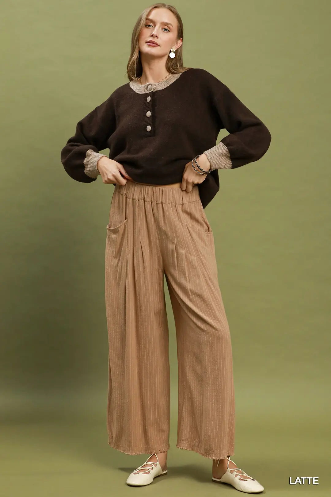 Linen Pinstripe Wide Leg Pants in Latte