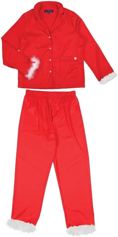 Feather Trim Silk Pajama Set Red