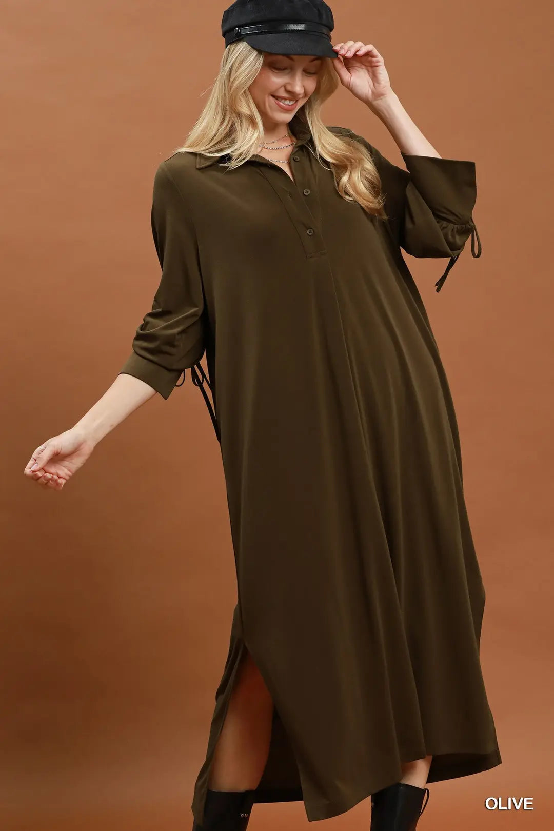 Ruched Sleeve Button Front Midi Dress