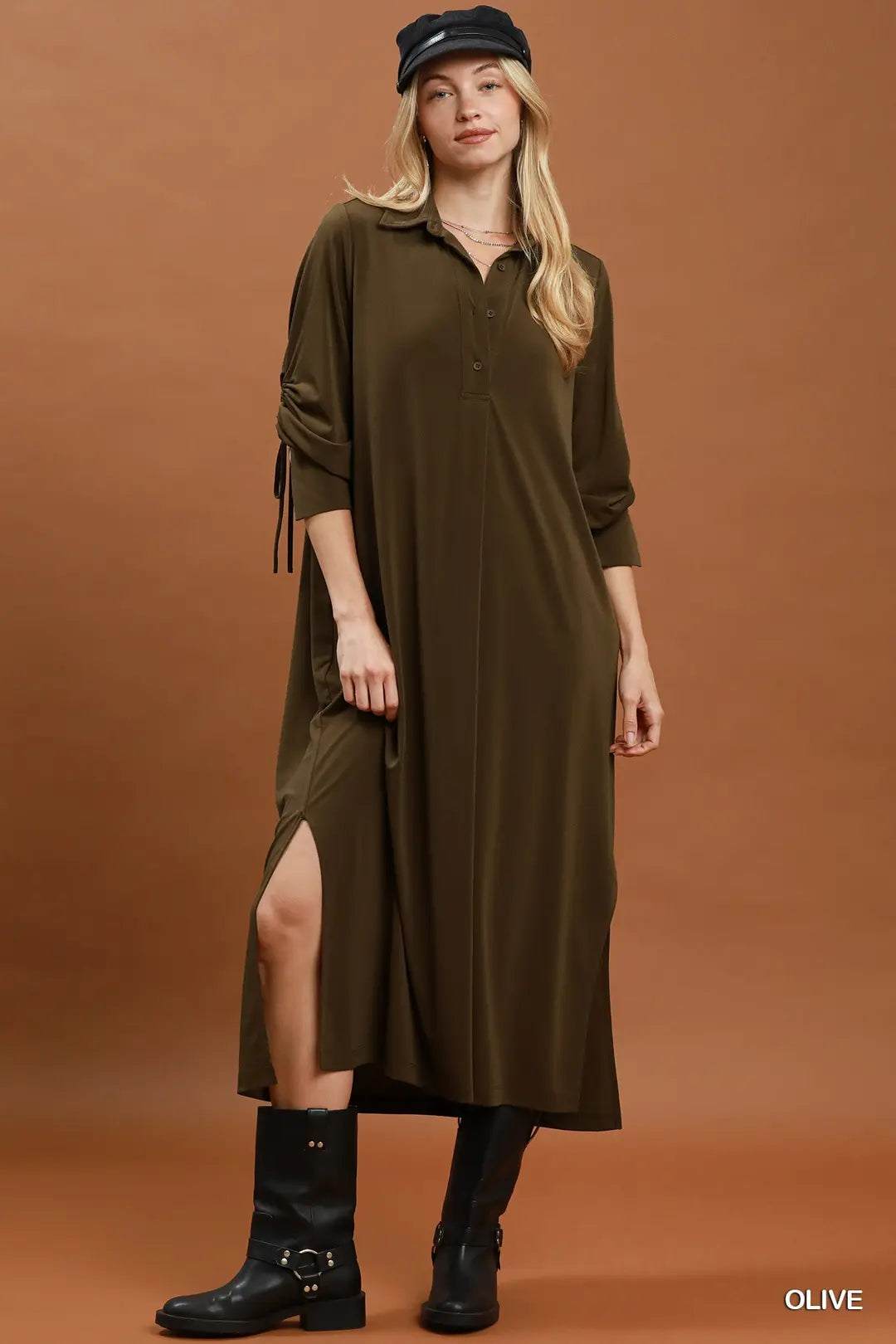 Ruched Sleeve Button Front Midi Dress
