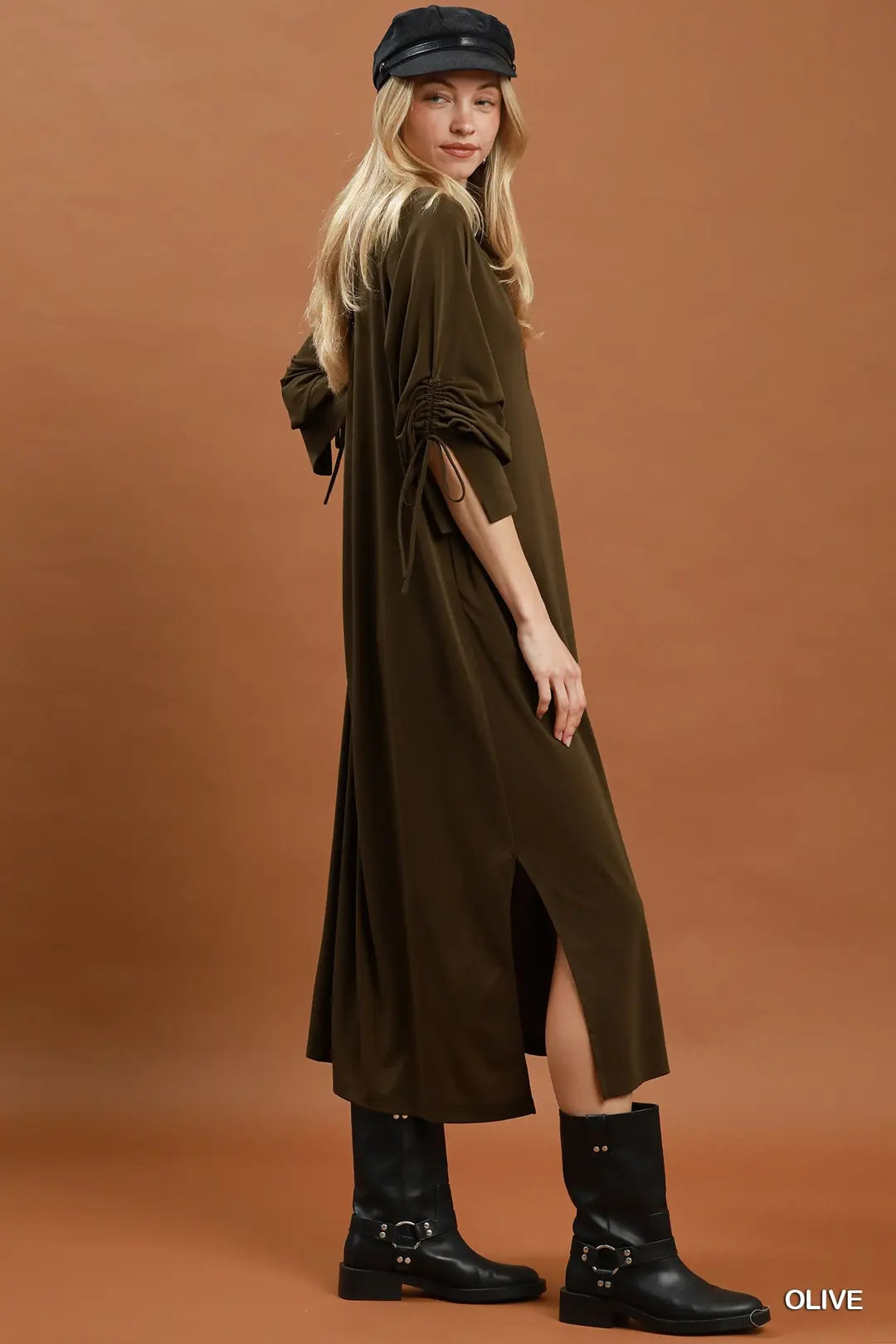 Ruched Sleeve Button Front Midi Dress