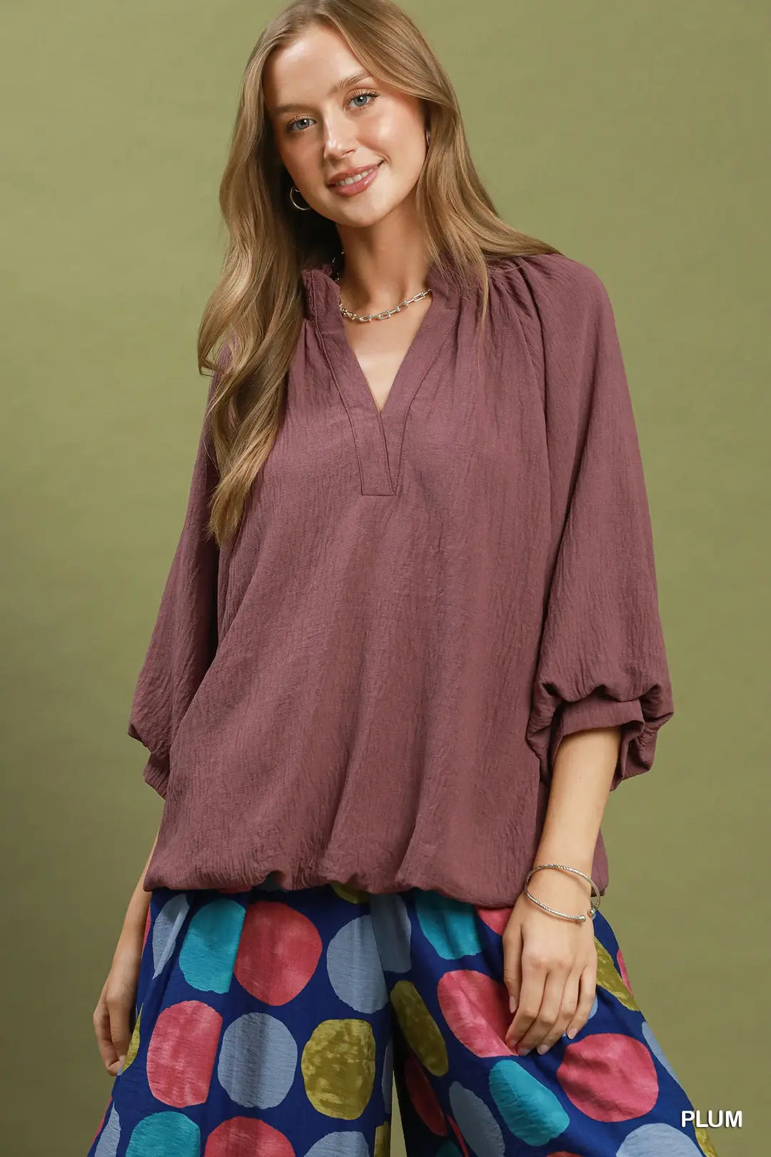 Balloon Sleeve V-Neck Blouse