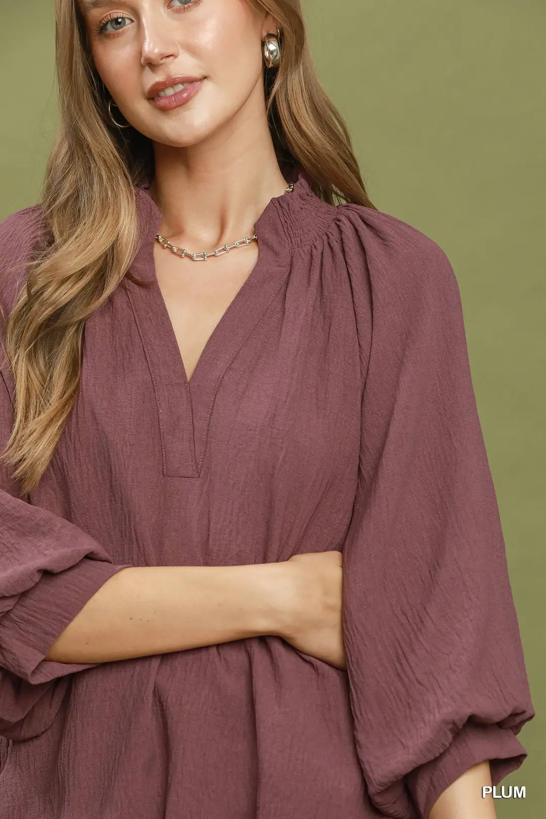 Balloon Sleeve V-Neck Blouse