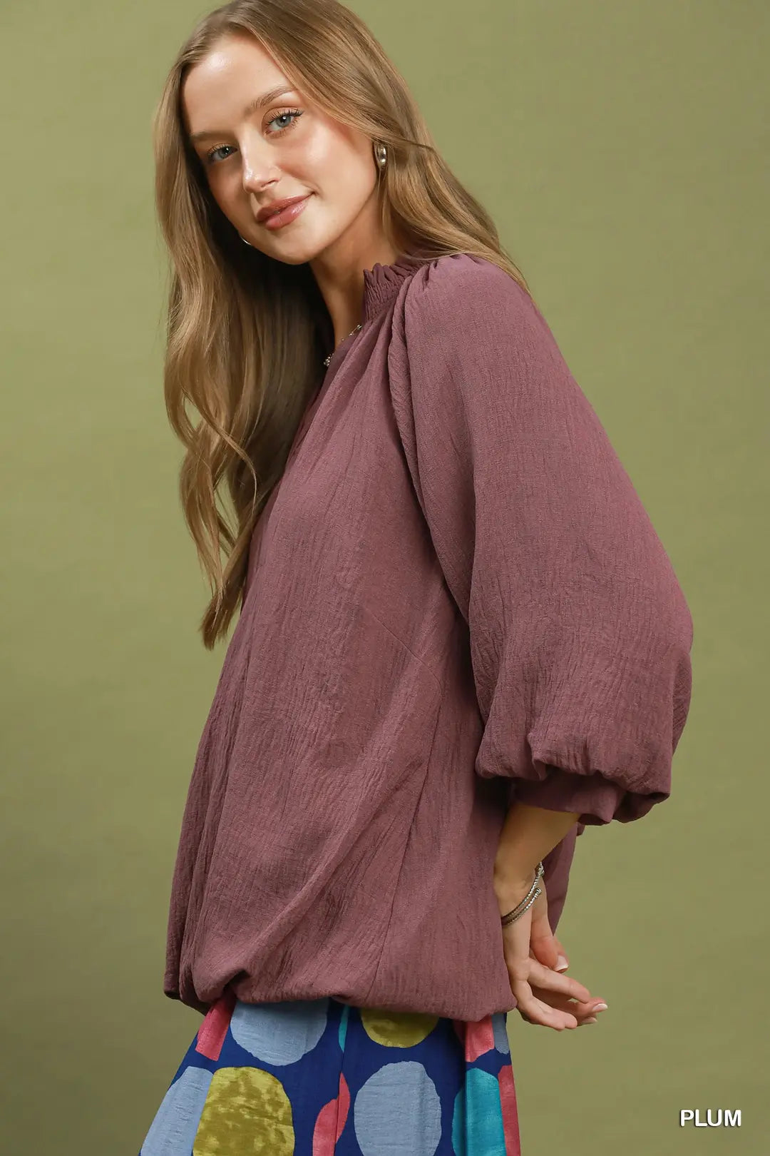 Balloon Sleeve V-Neck Blouse