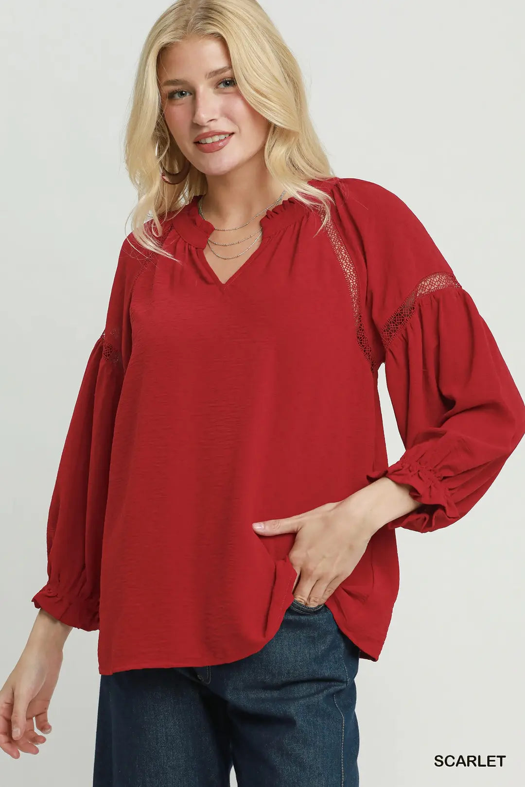Scarlet Ruffle Neck Lace Trim Blouse