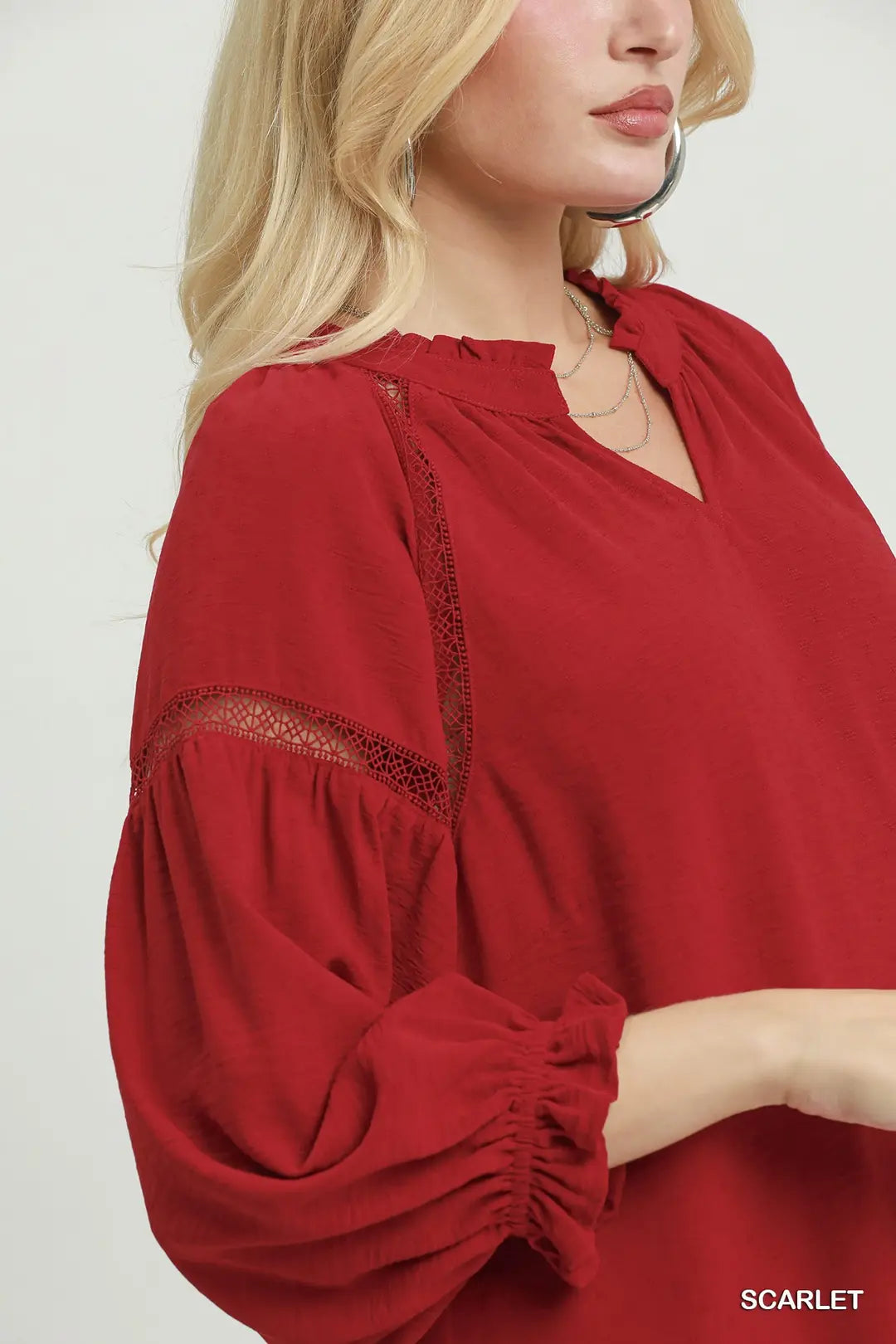 Scarlet Ruffle Neck Lace Trim Blouse