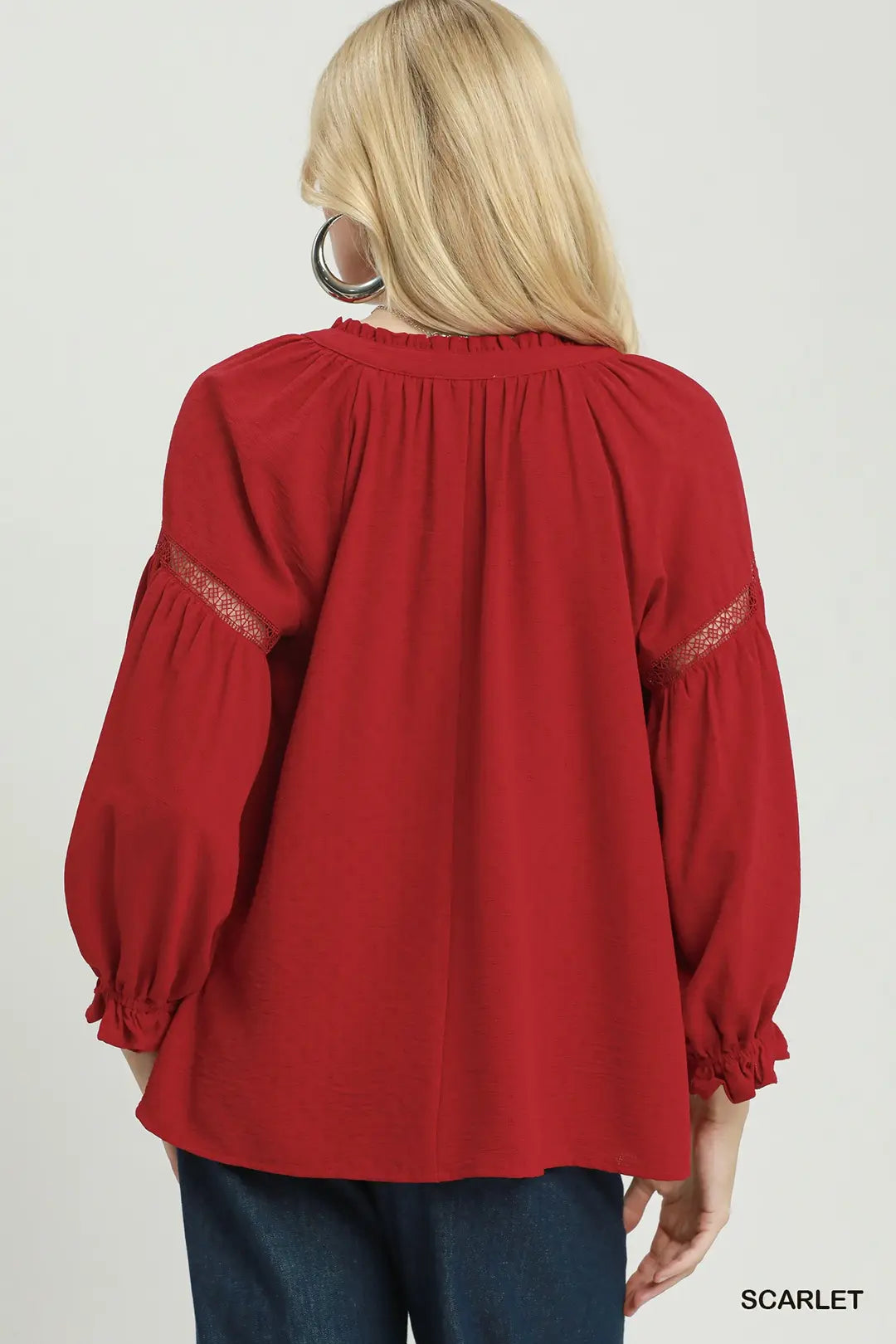 Scarlet Ruffle Neck Lace Trim Blouse
