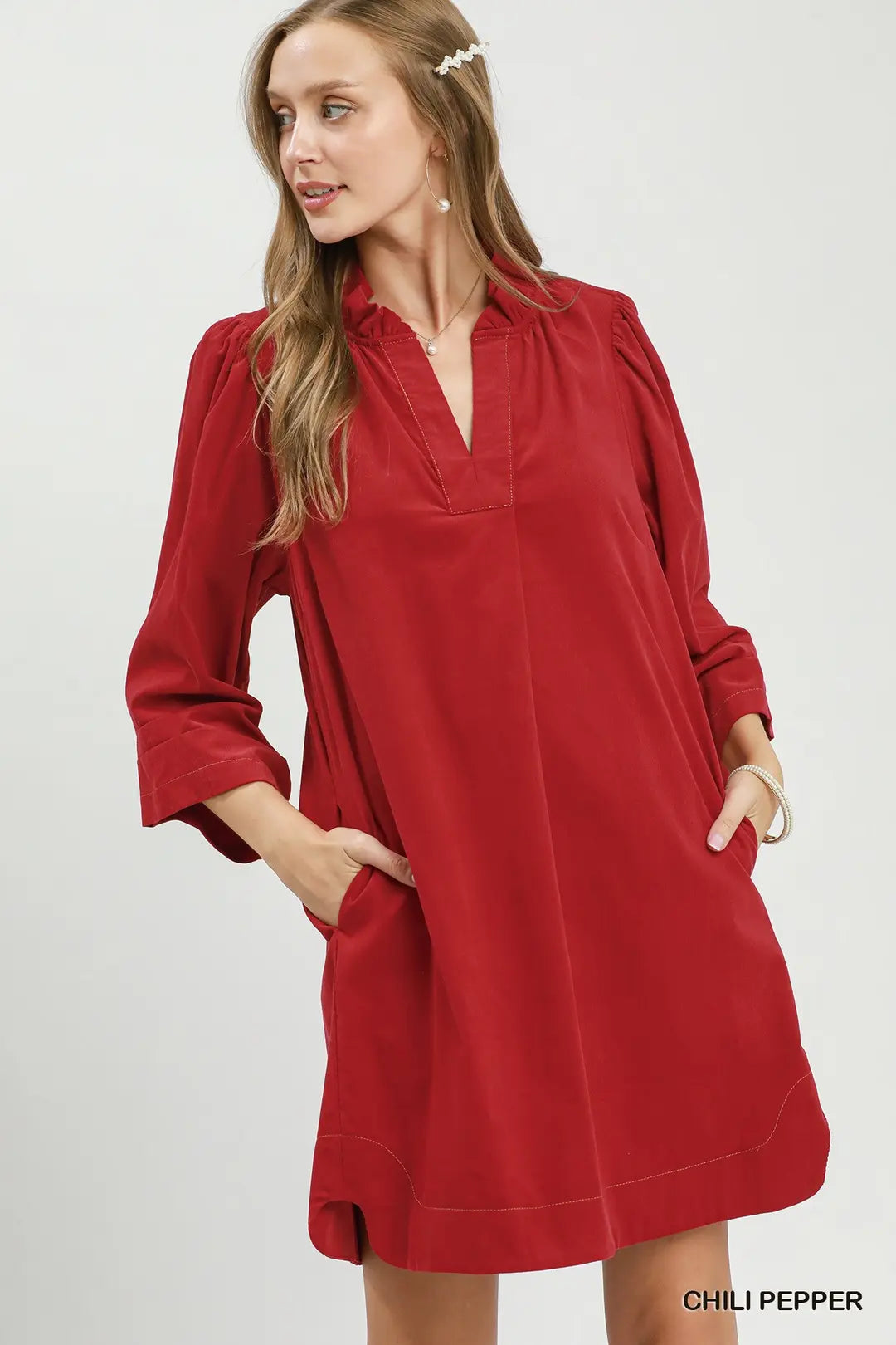 Corduroy Puff Sleeve Shift Dress Red