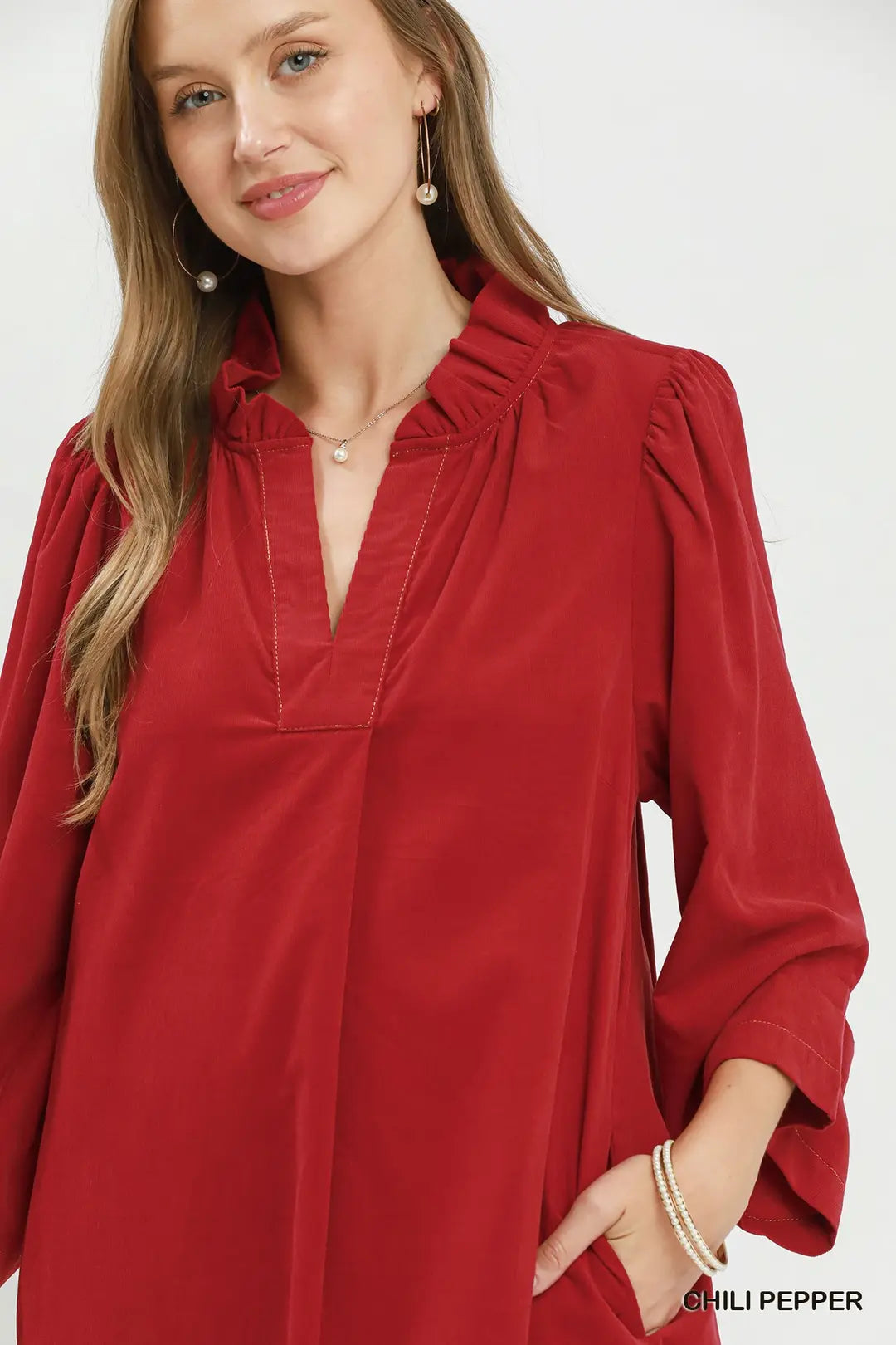 Corduroy Puff Sleeve Shift Dress Red