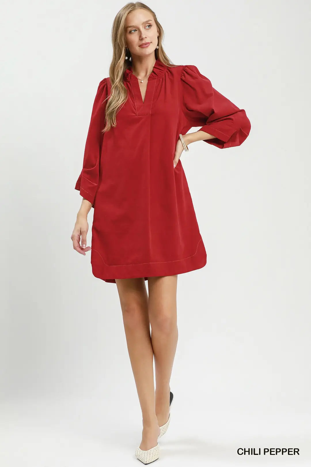 Corduroy Puff Sleeve Shift Dress Red