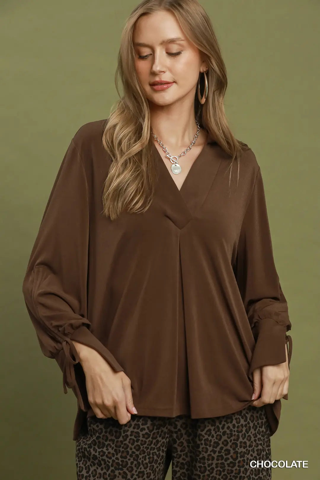 Collared Blouse with Tie Cuff Sleeves