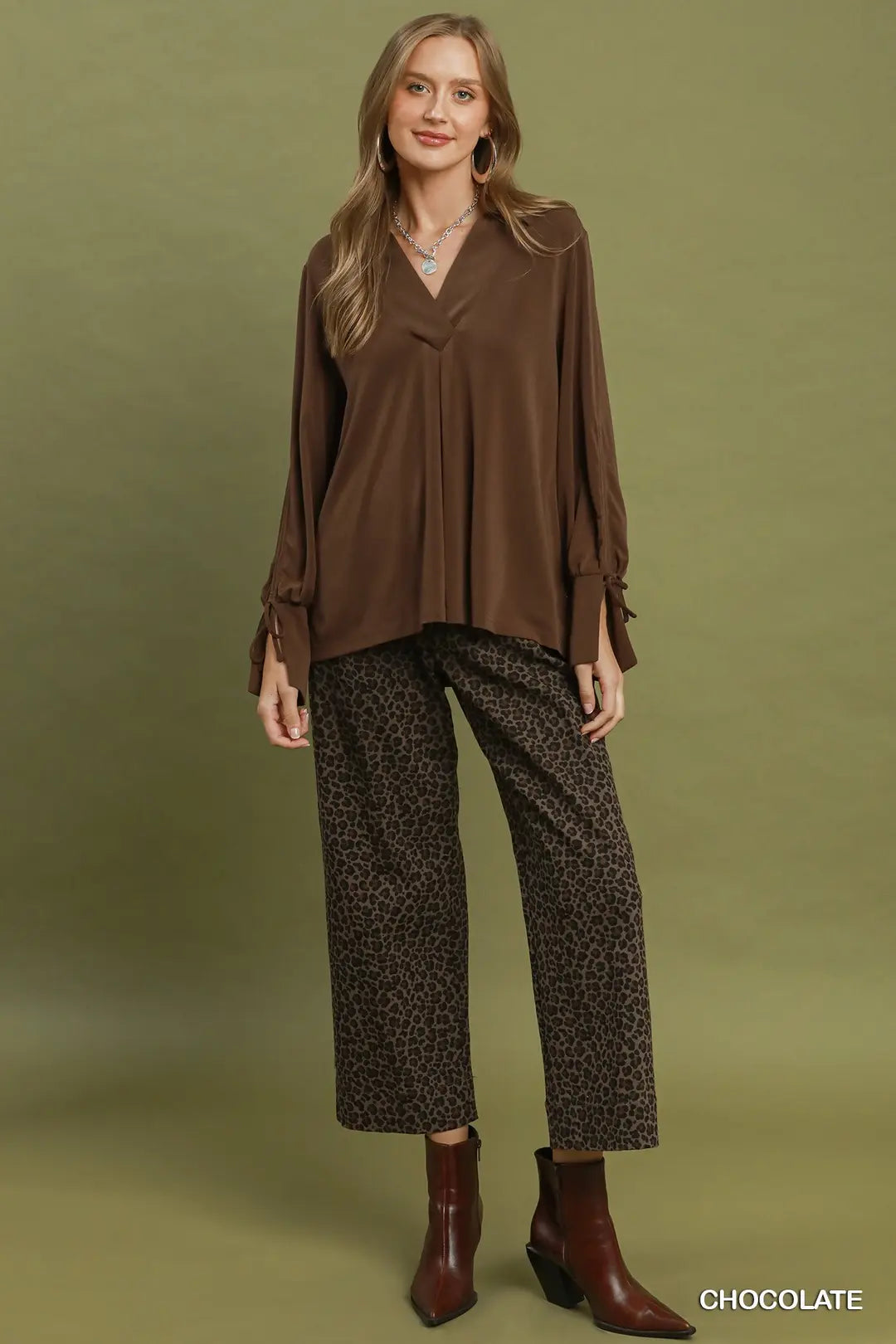 Collared Blouse with Tie Cuff Sleeves