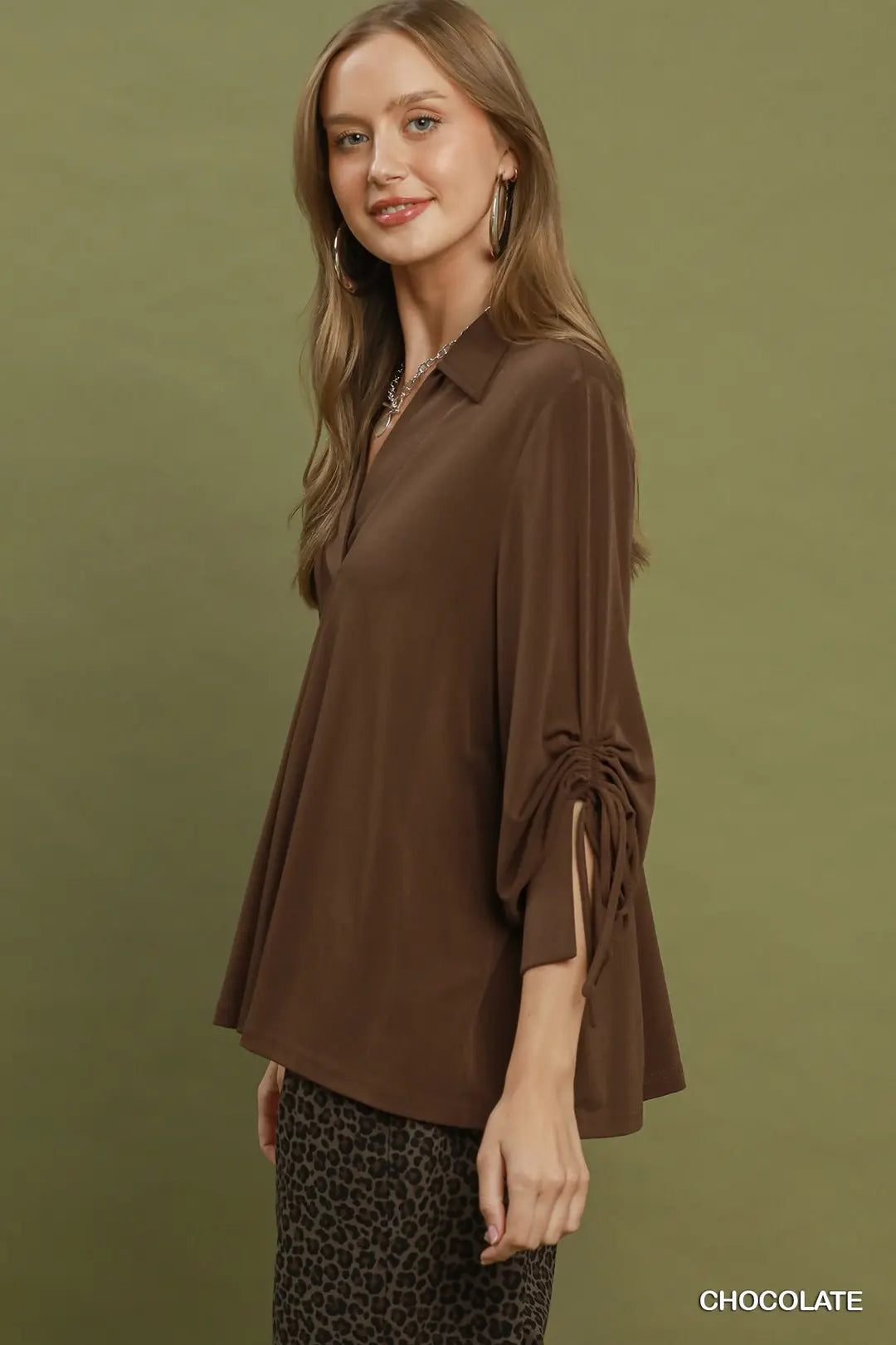 Collared Blouse with Tie Cuff Sleeves