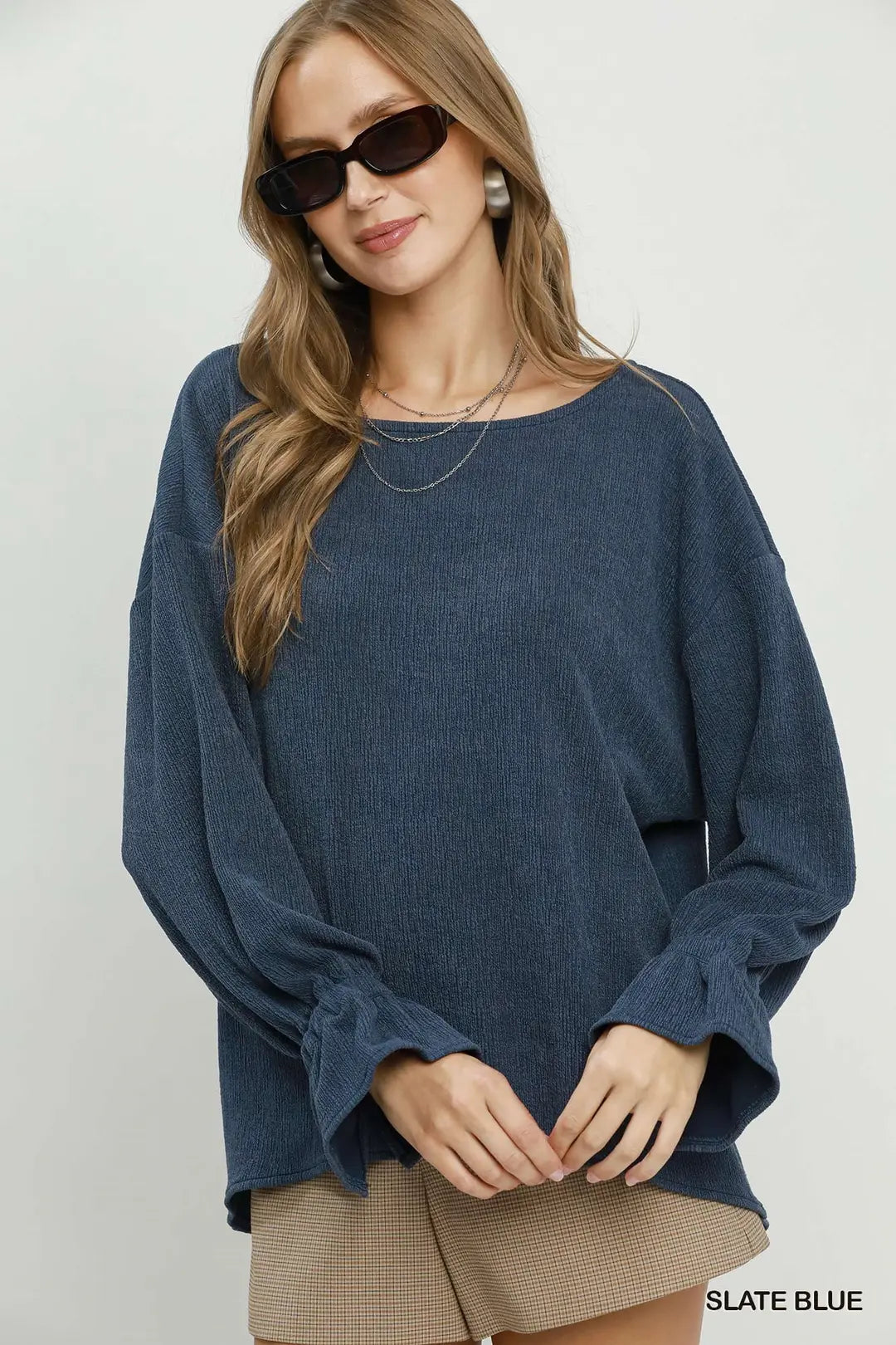 Knit Top with Tie Cuff Sleeve in Slate Blue
