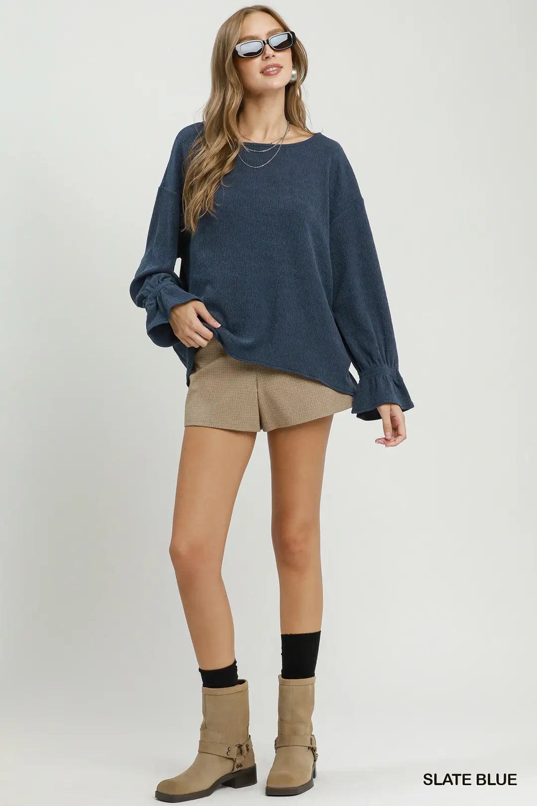 Knit Top with Tie Cuff Sleeve in Slate Blue