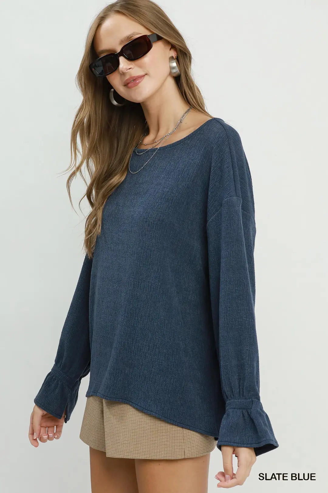 Knit Top with Tie Cuff Sleeve in Slate Blue