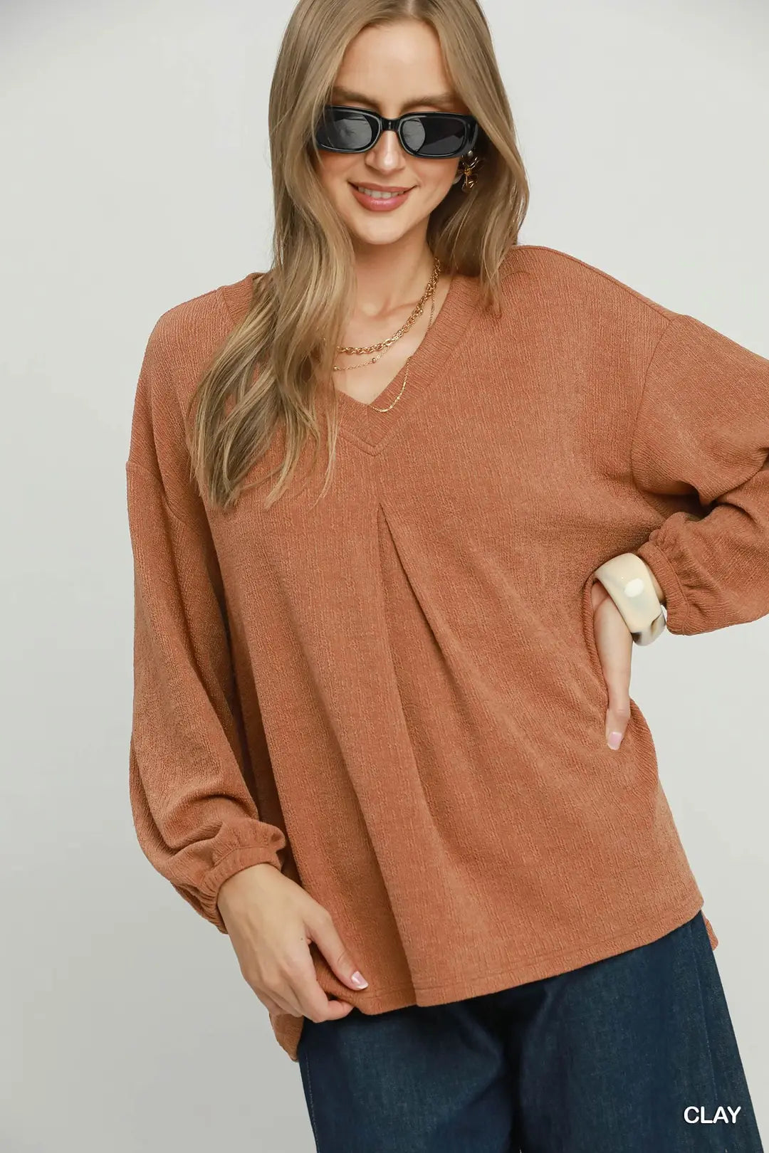 Pleated V-Neck Top in Clay