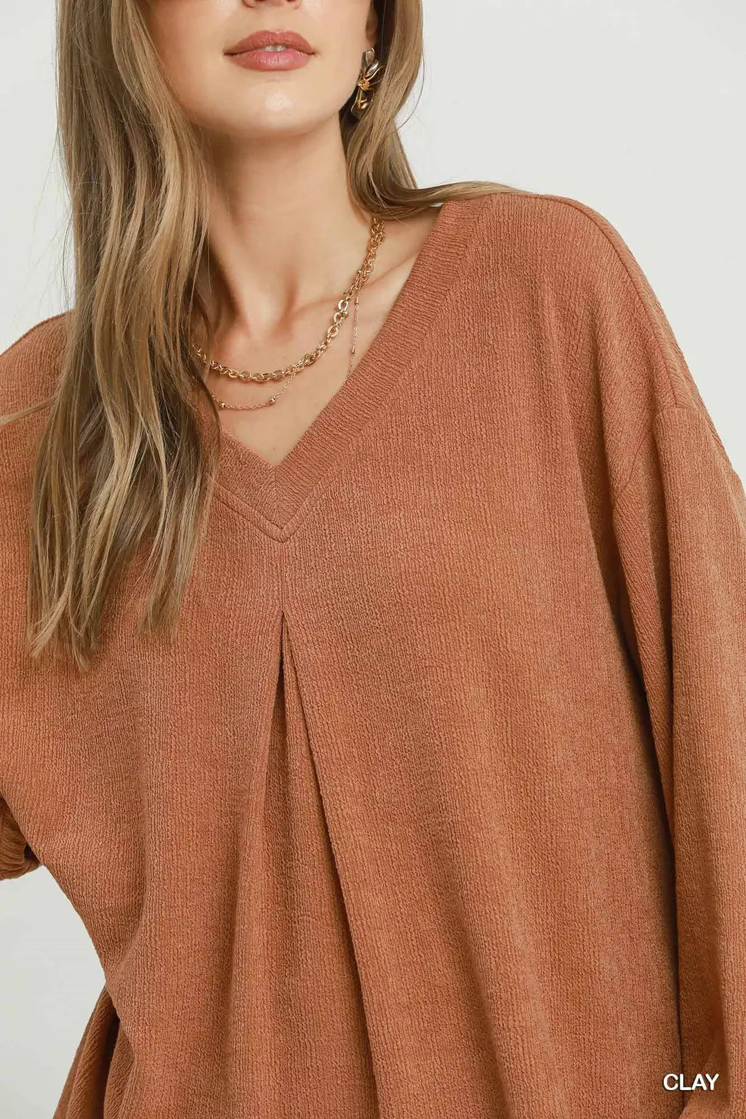 Pleated V-Neck Top in Clay