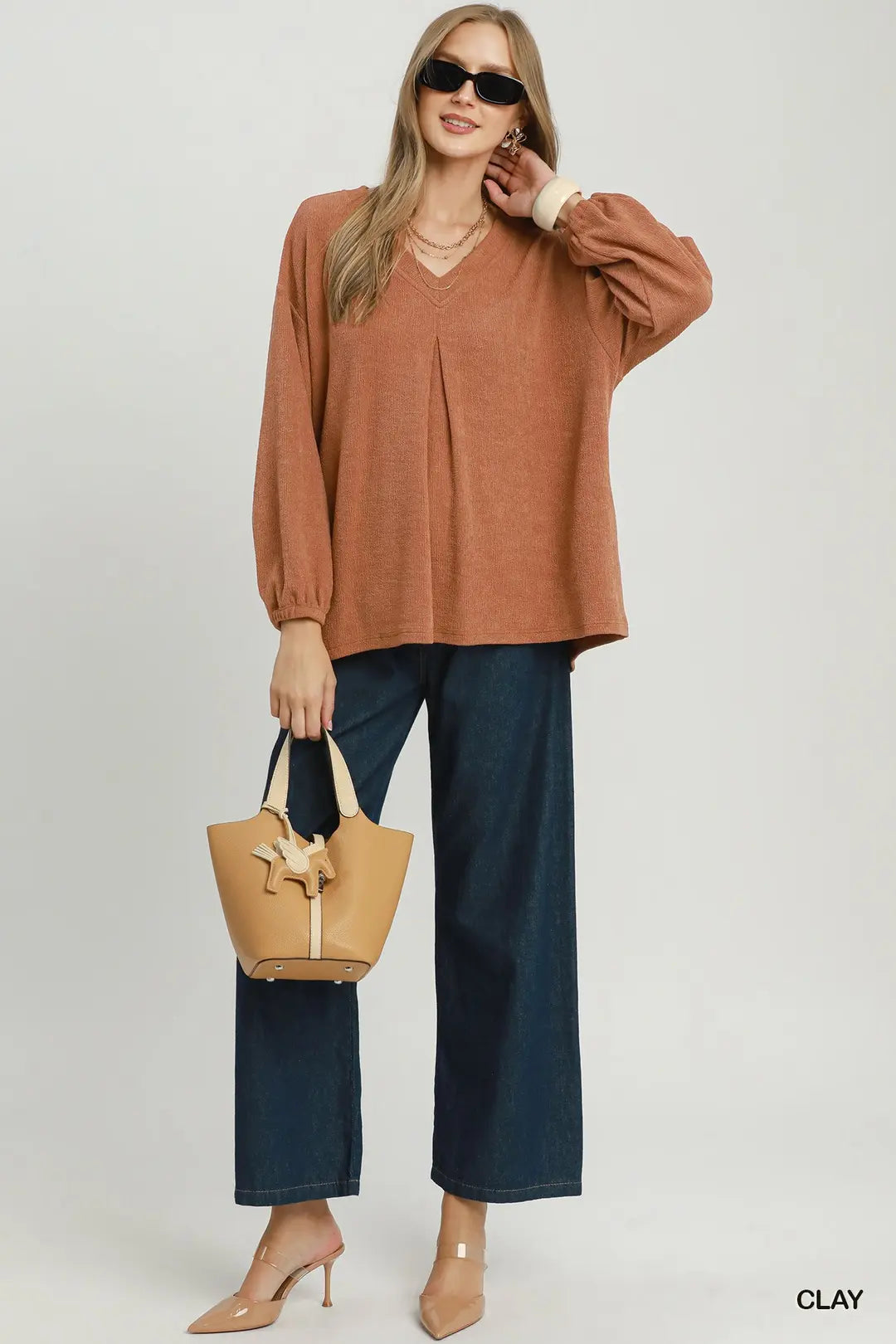 Pleated V-Neck Top in Clay
