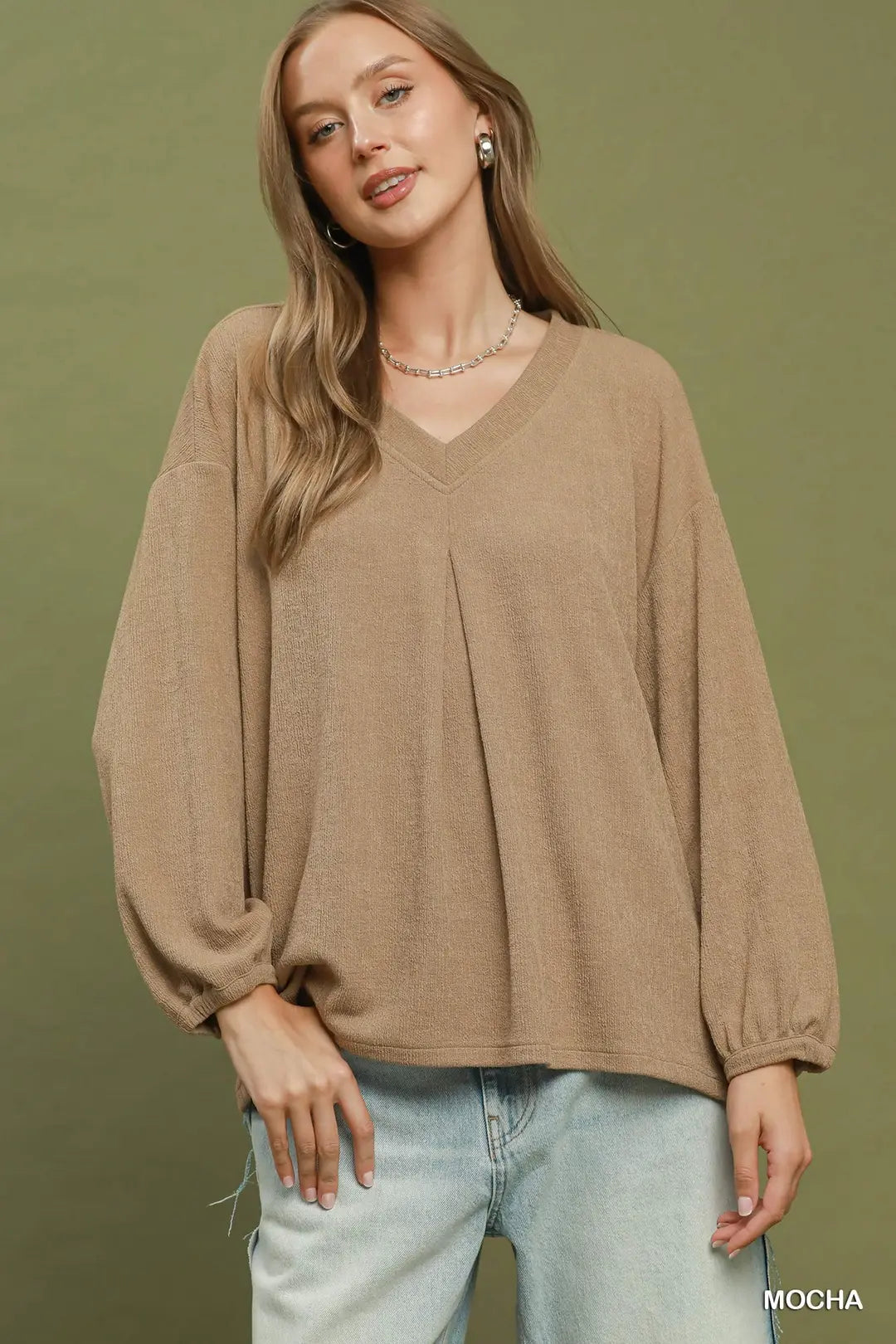 Pleated V-Neck Top in Mocha