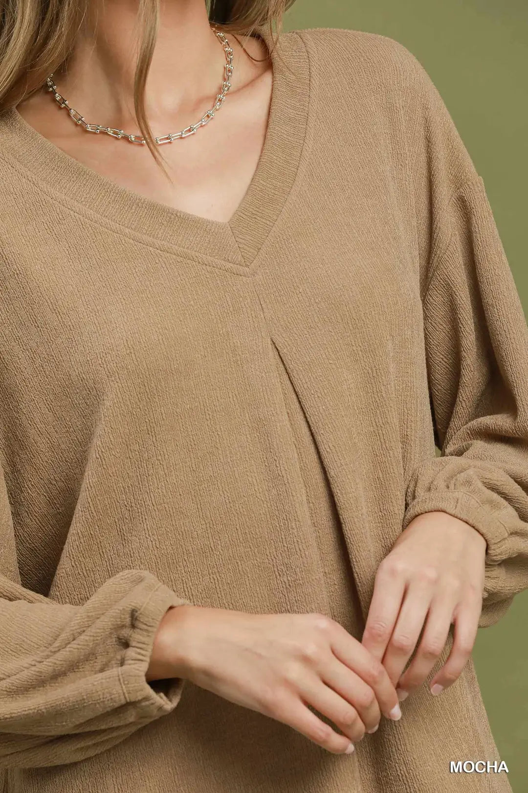 Pleated V-Neck Top in Mocha