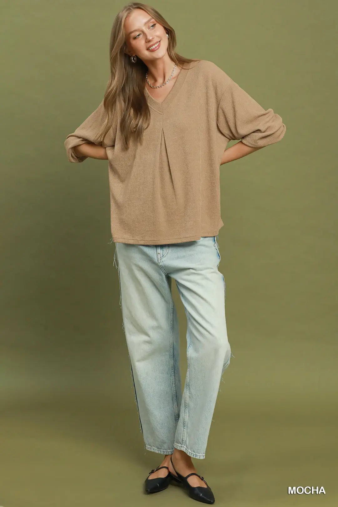 Pleated V-Neck Top in Mocha