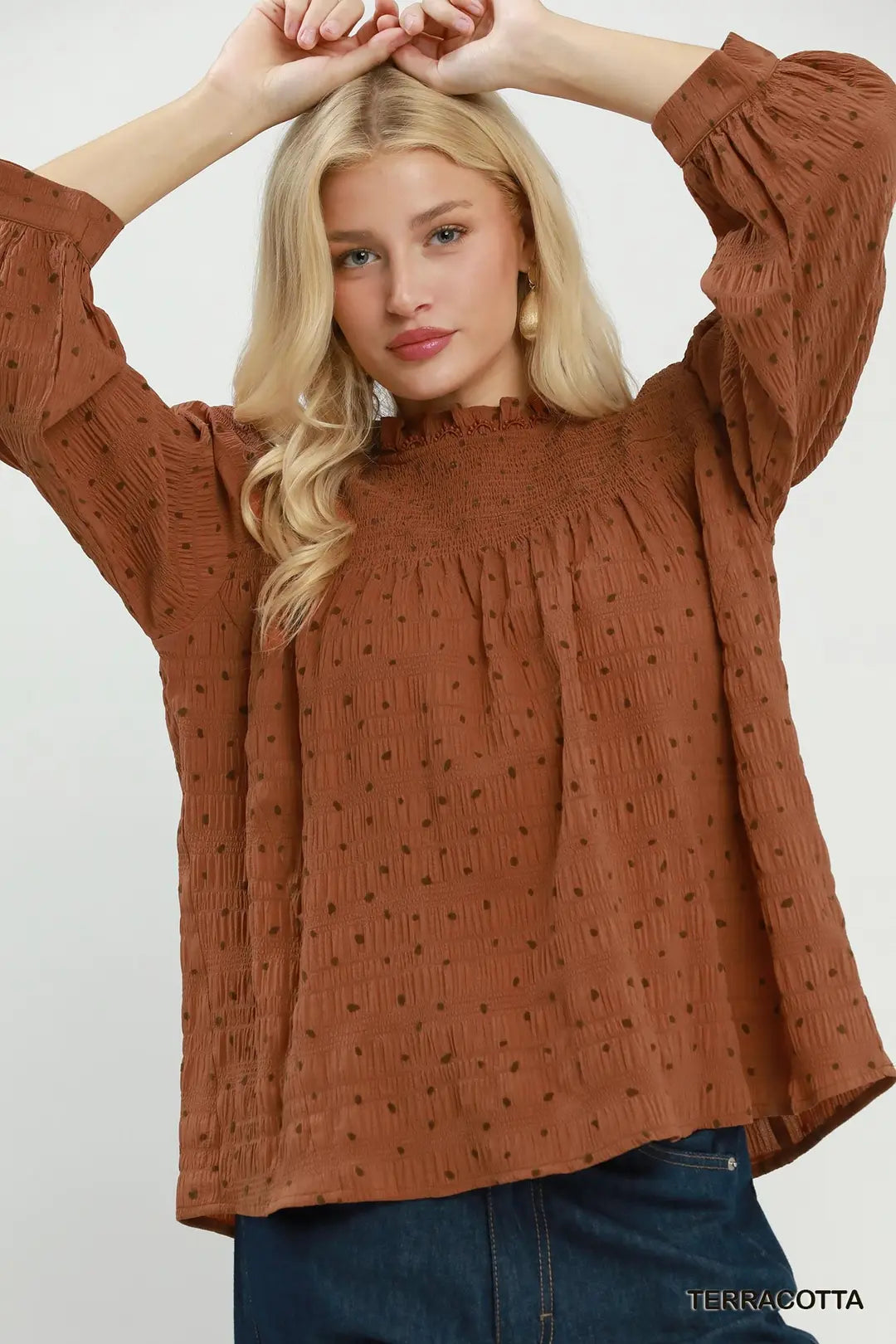 Polka Dot Smocked Detail Puff Sleeve Blouse