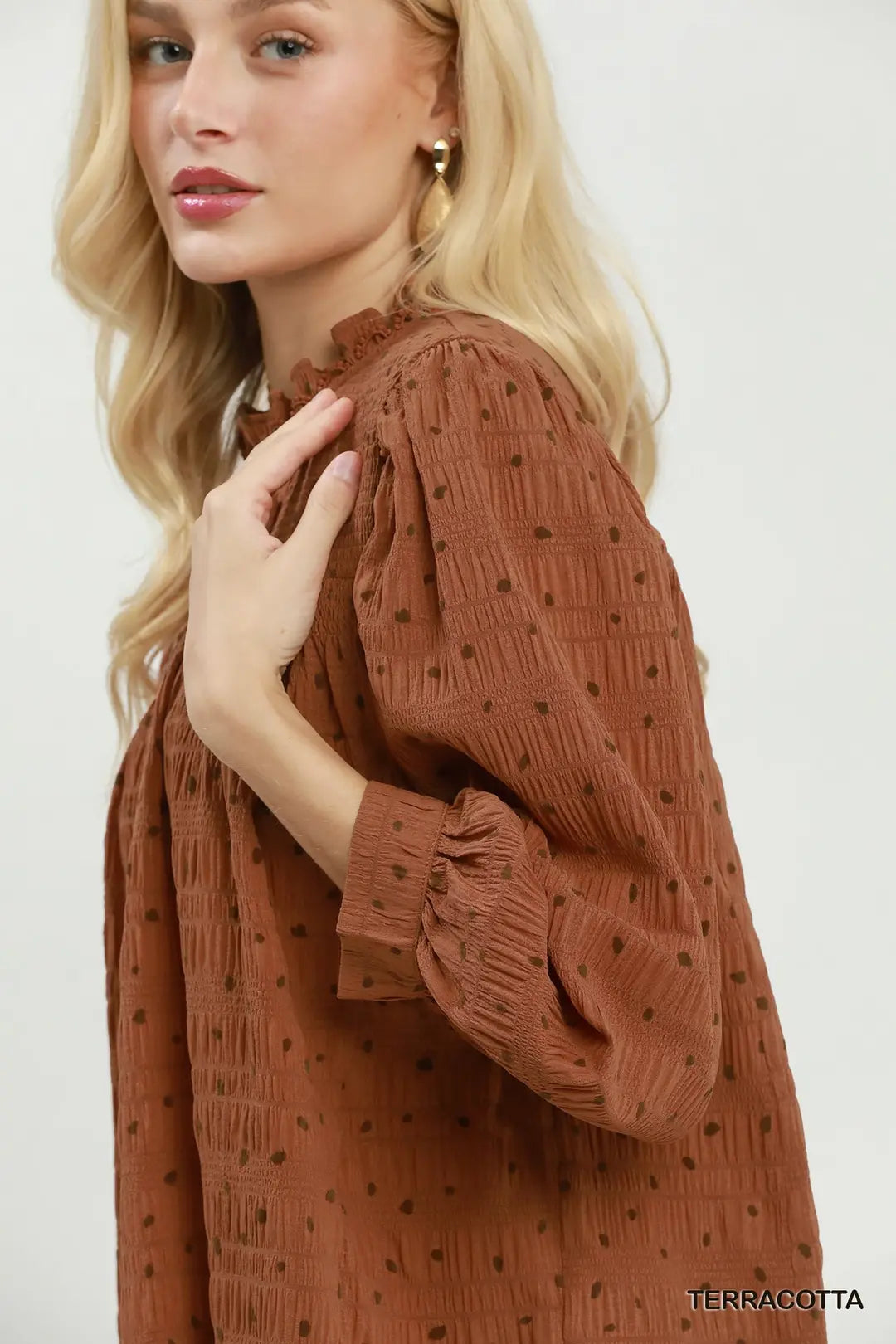 Polka Dot Smocked Detail Puff Sleeve Blouse