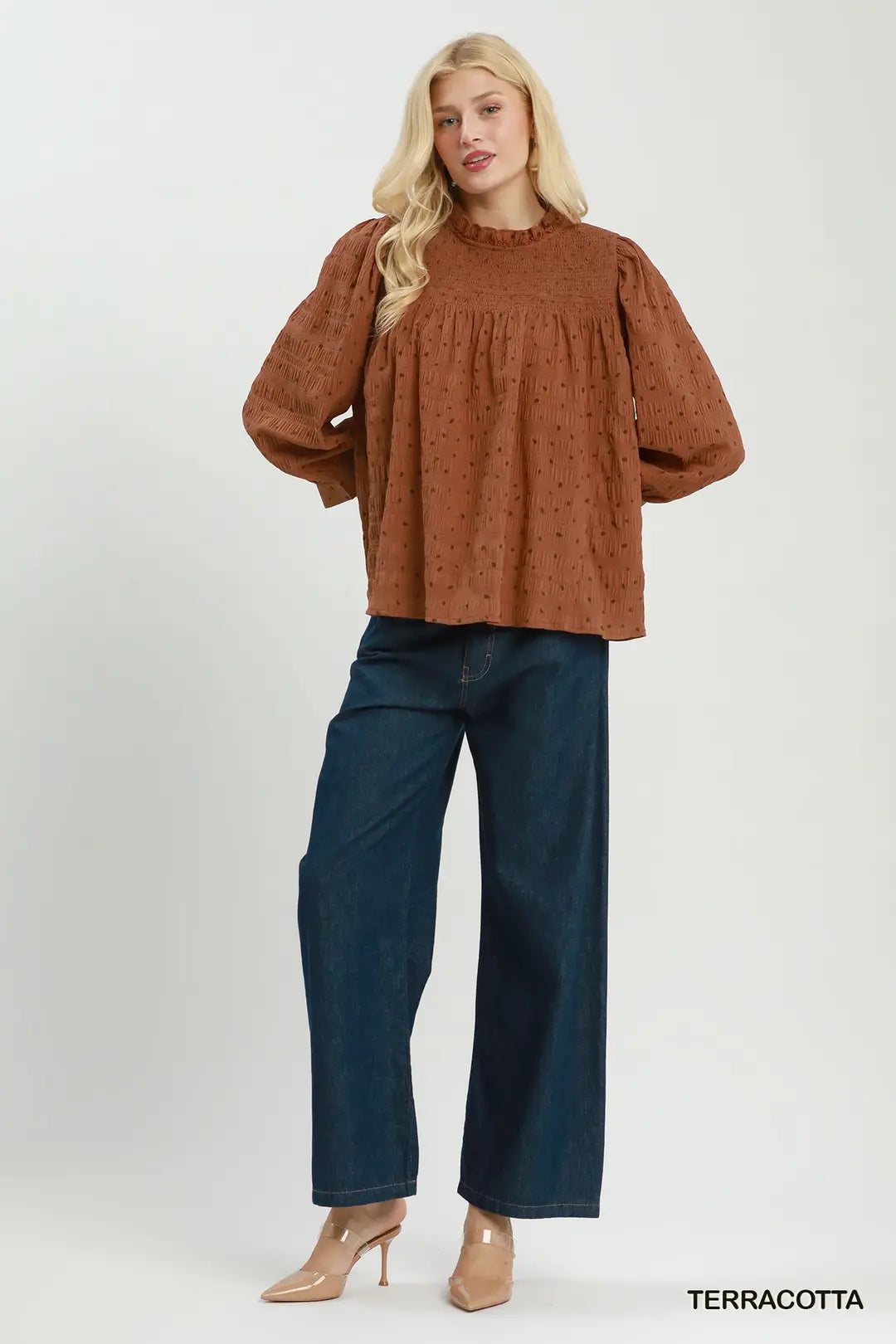 Polka Dot Smocked Detail Puff Sleeve Blouse