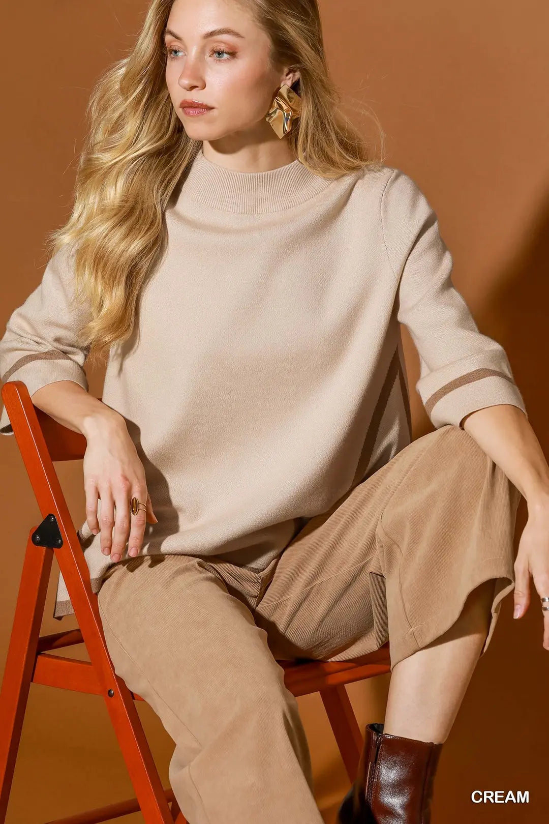 Mock Neck Trim Short Sleeve  Sweater Top