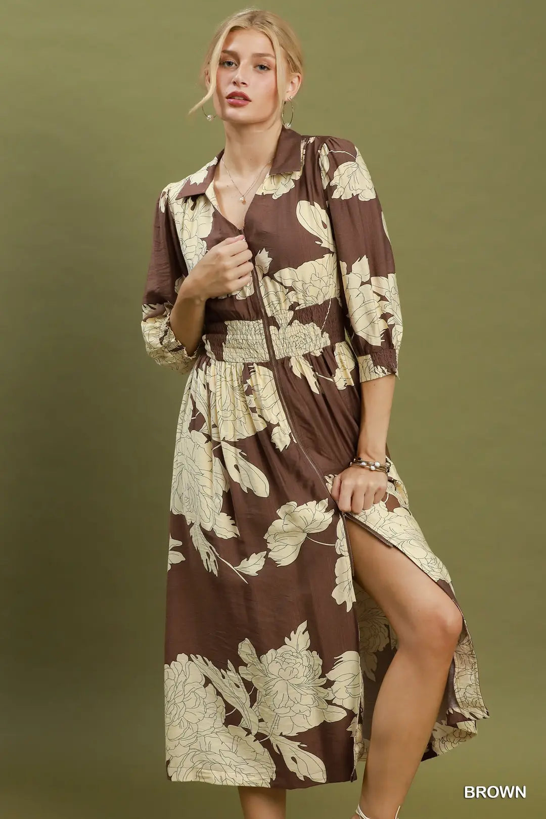 Floral Print Smocked Waist Zip Front Midi Dress
