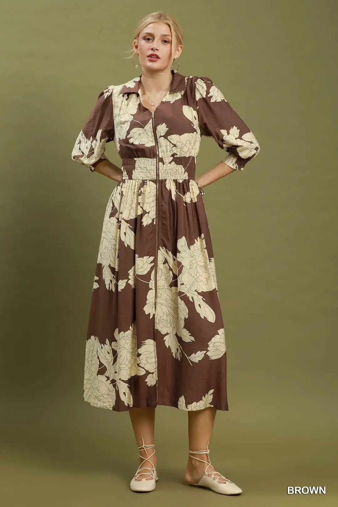 Floral Print Smocked Waist Zip Front Midi Dress