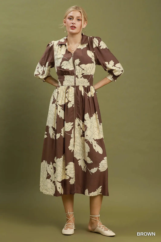 Floral Print Smocked Waist Zip Front Midi Dress