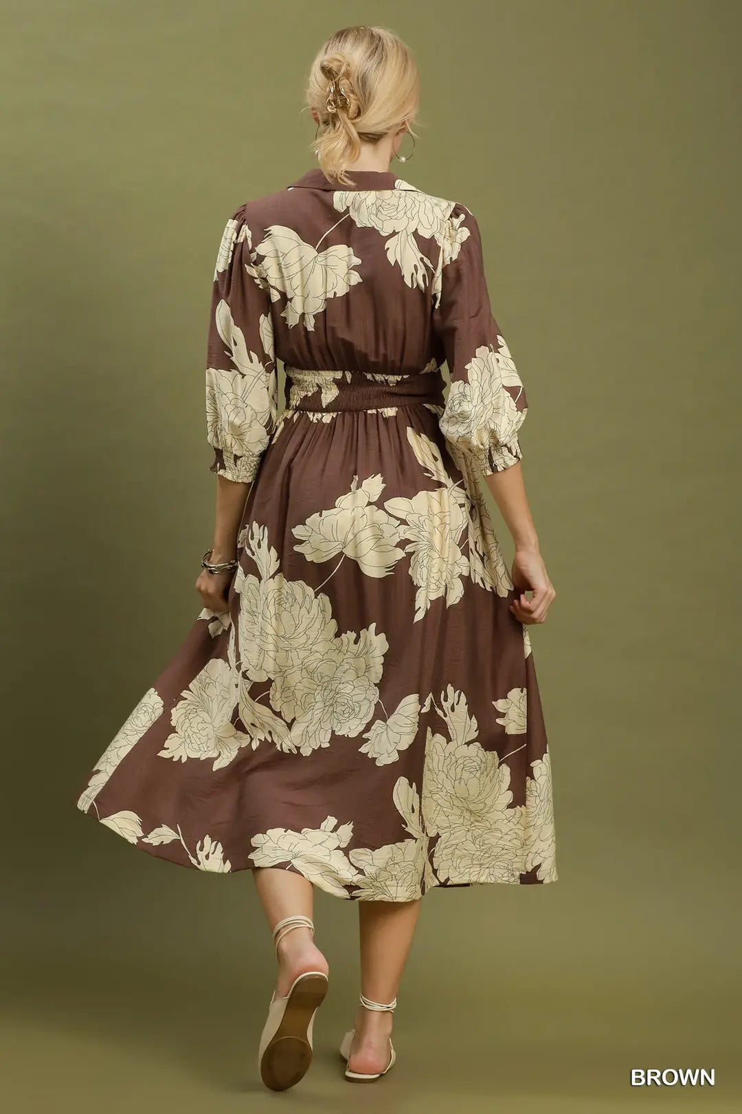 Floral Print Smocked Waist Zip Front Midi Dress