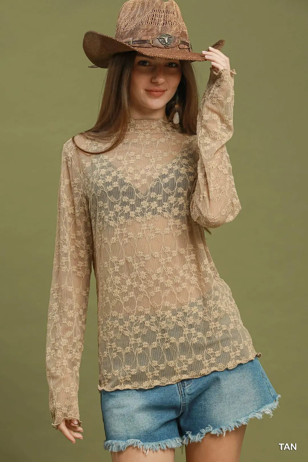 Lace Long-Sleeve Top in Tan