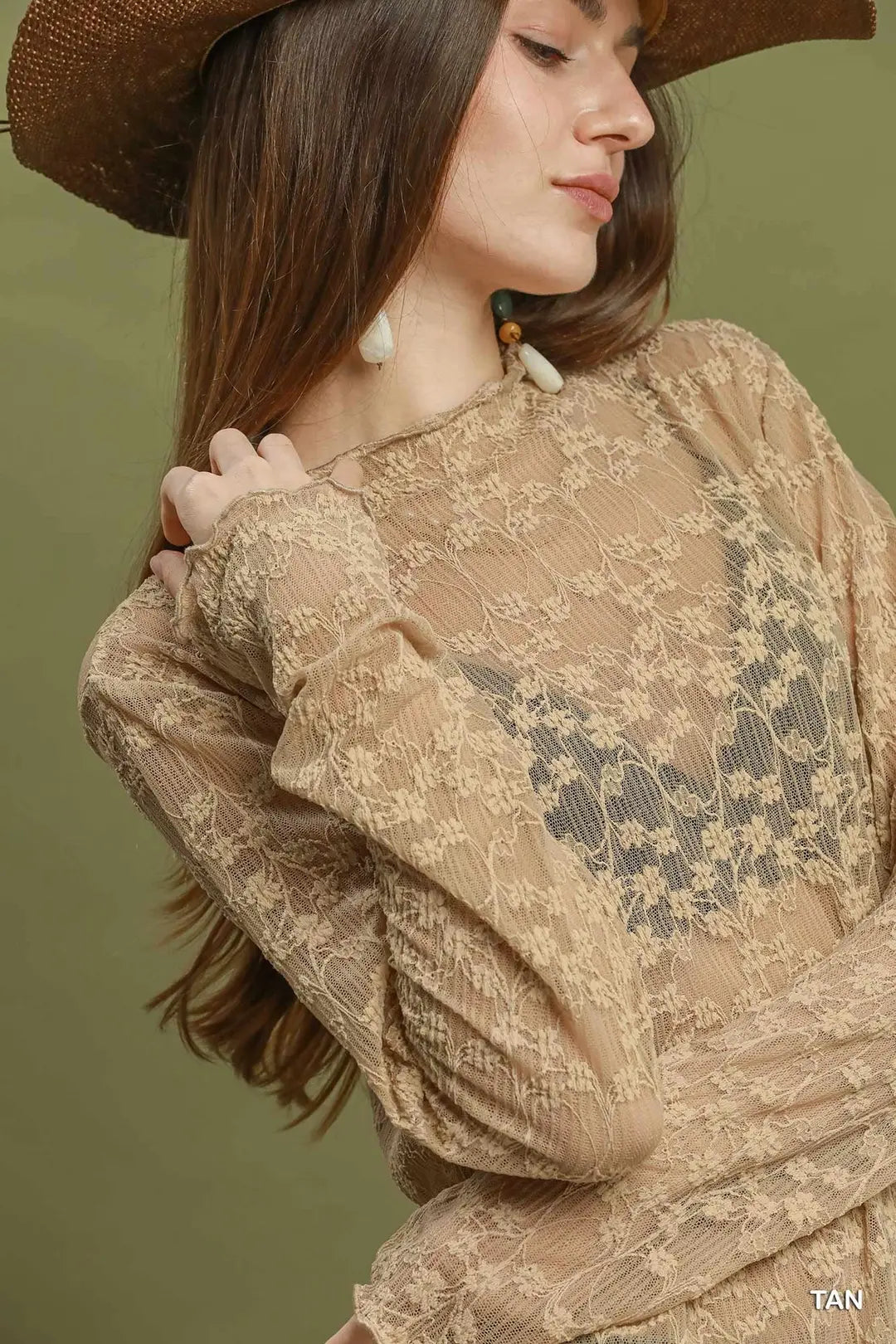 Lace Long-Sleeve Top in Tan