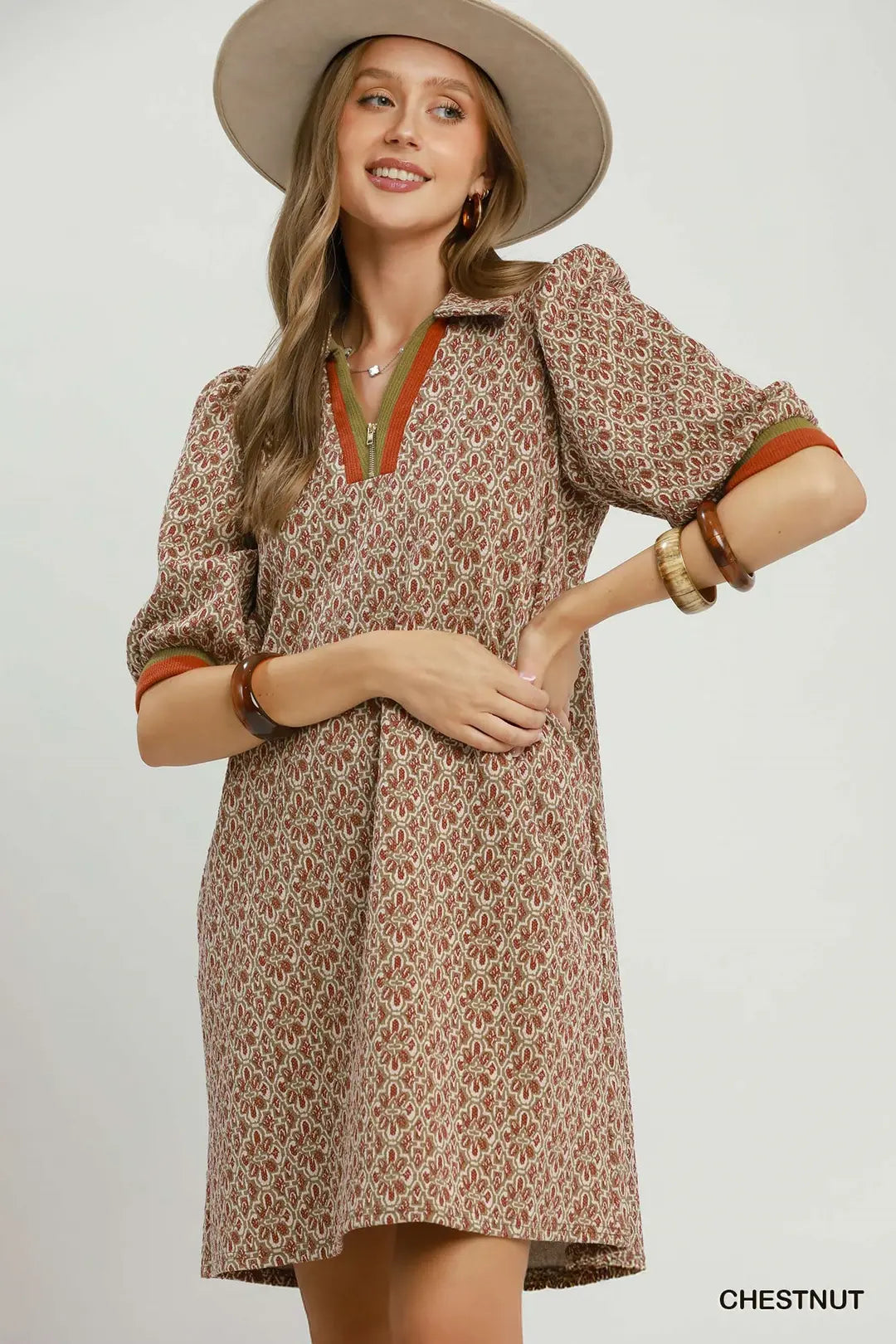 Geometric Half-Zip Collared Shift Dress