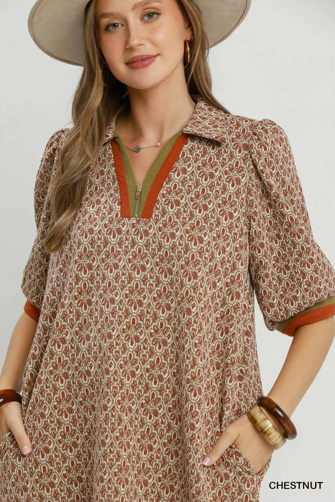 Geometric Half-Zip Collared Shift Dress