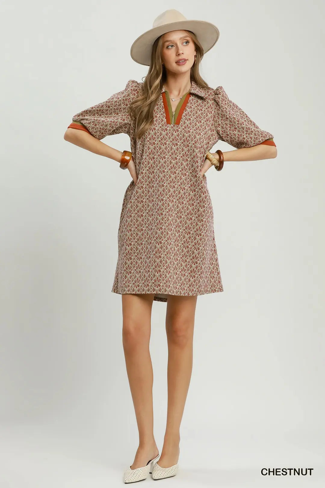 Geometric Half-Zip Collared Shift Dress