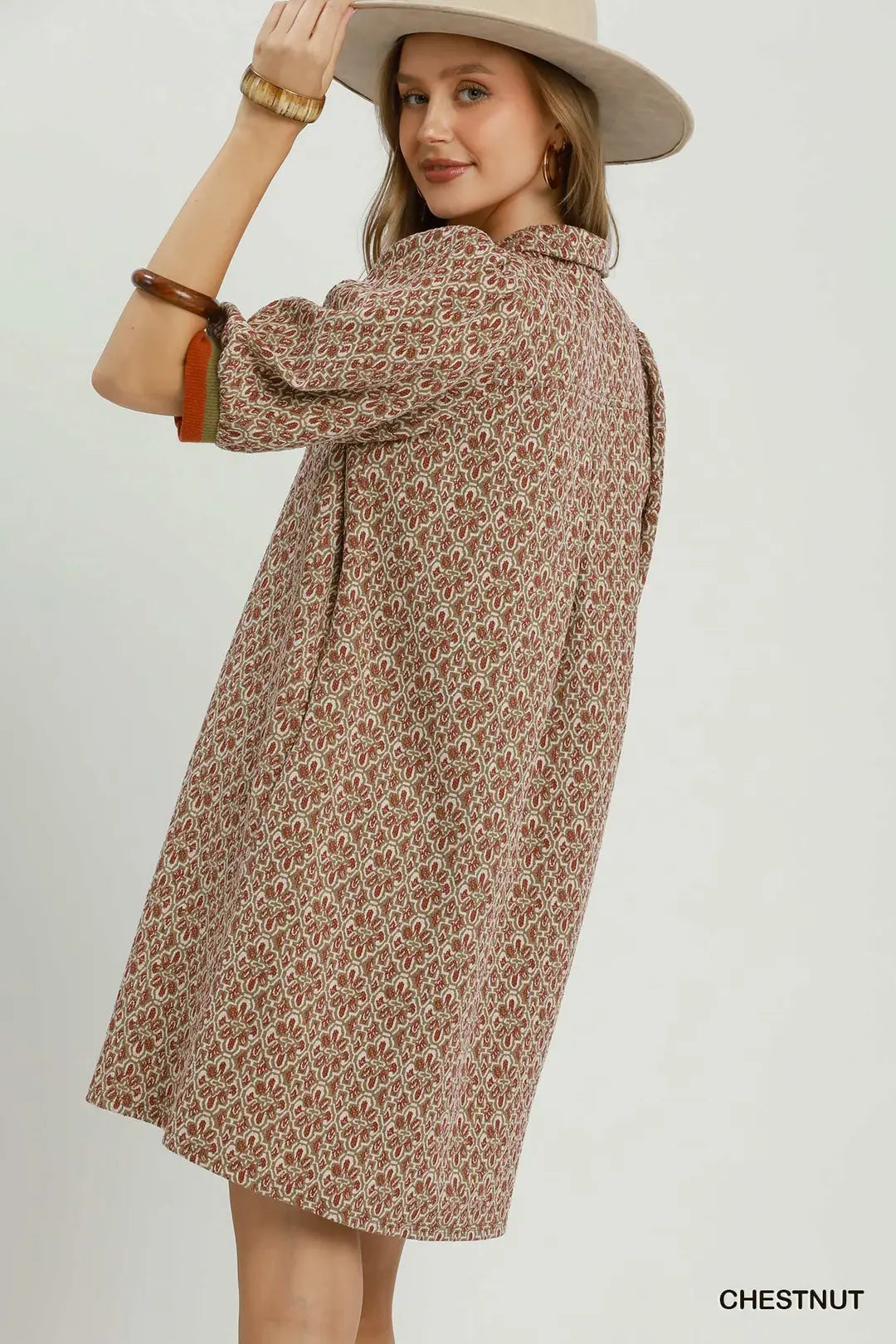 Geometric Half-Zip Collared Shift Dress