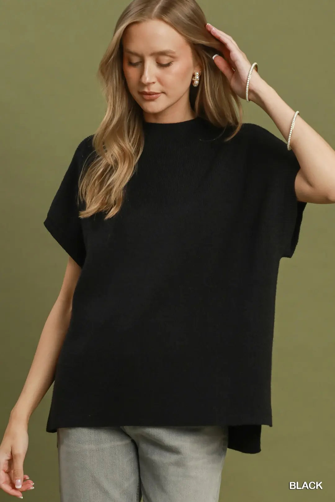 Mock Neck Short Sleeve Sweater Top Black