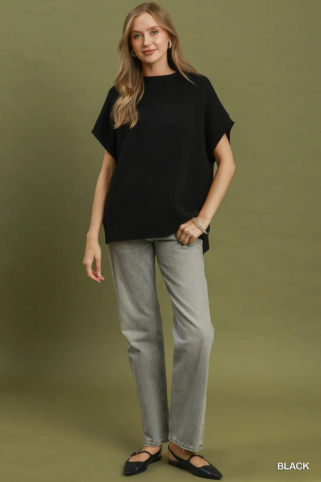 Mock Neck Short Sleeve Sweater Top Black