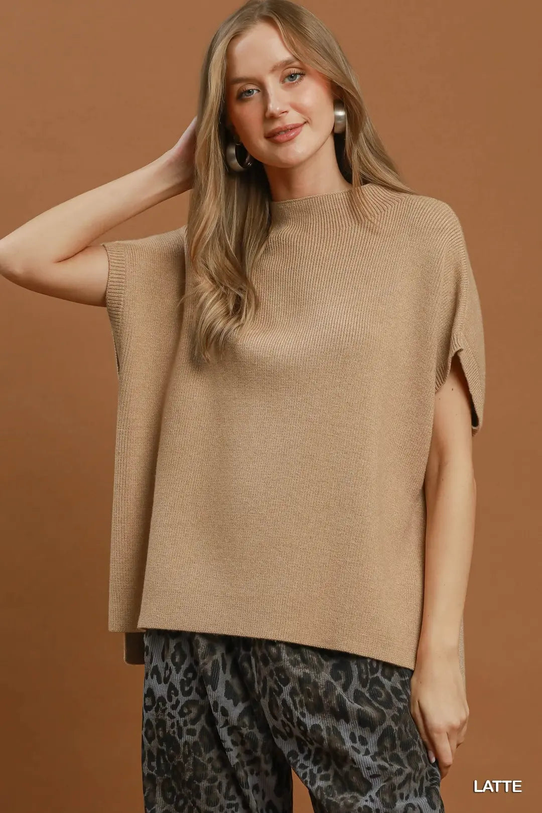 Mock Neck Short Sleeve Sweater Top Latte
