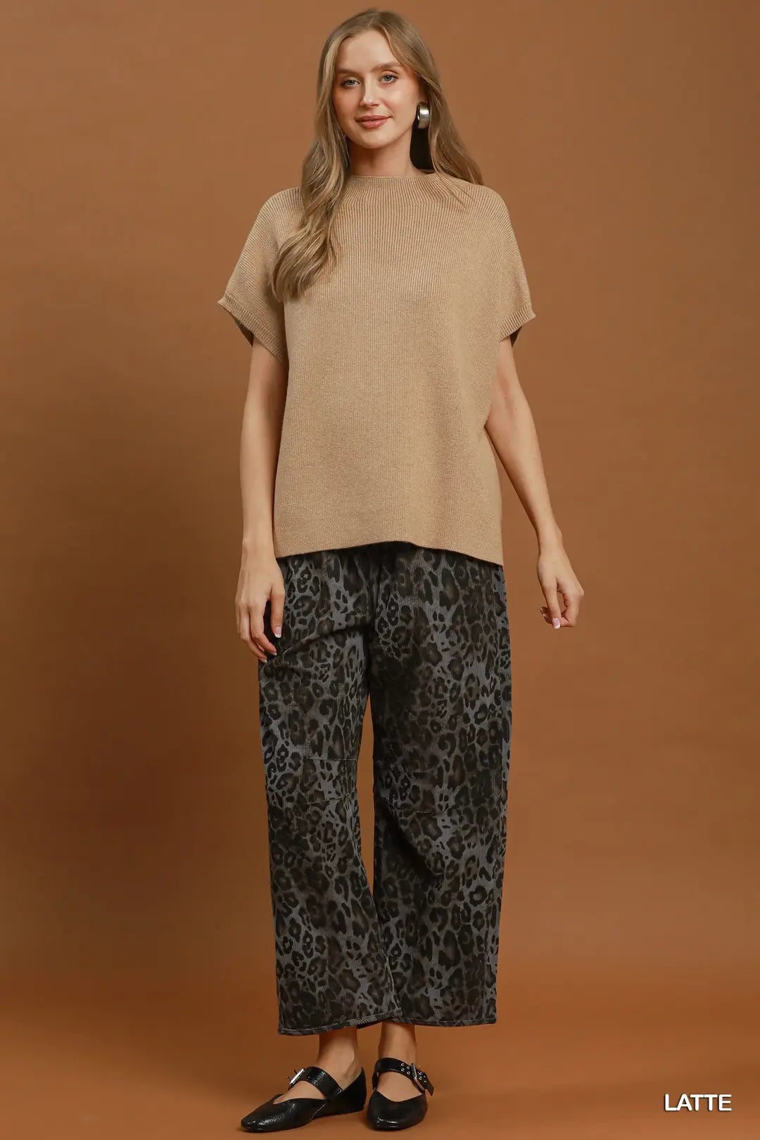 Mock Neck Short Sleeve Sweater Top Latte